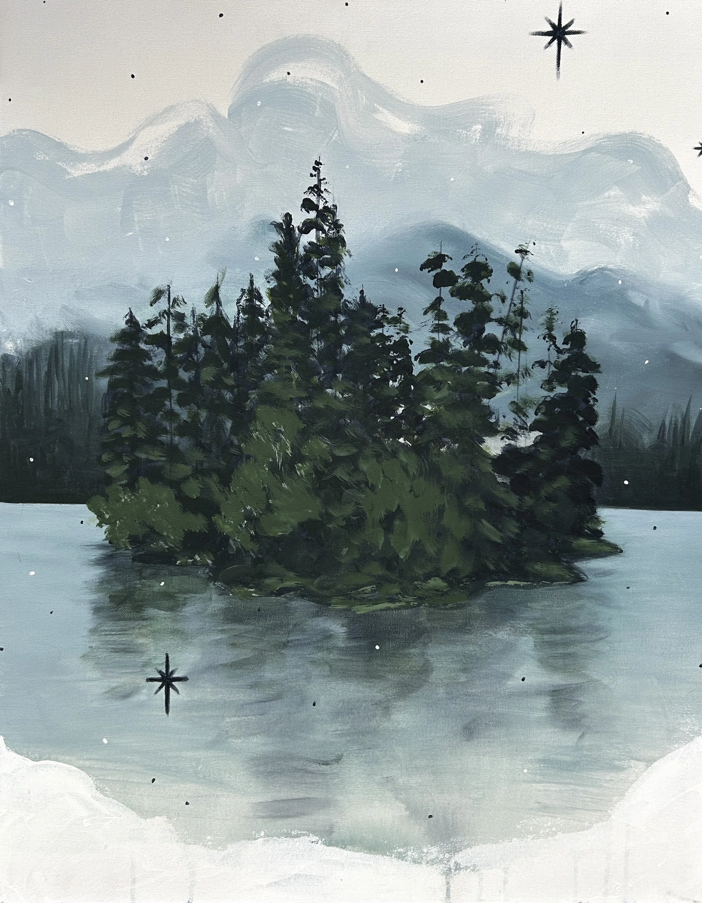 'The Trees and the Lake', 24” x 30”, Acrylic on Canvas, 2025 - Available
