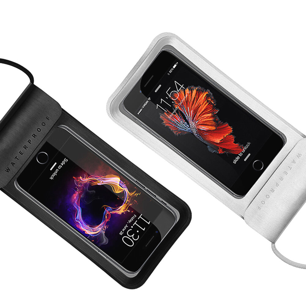 Waterproof Phone Pouch with triple lock protection in PVC + PU material. Fits up to 6.7in sized phones. In silver and black colours