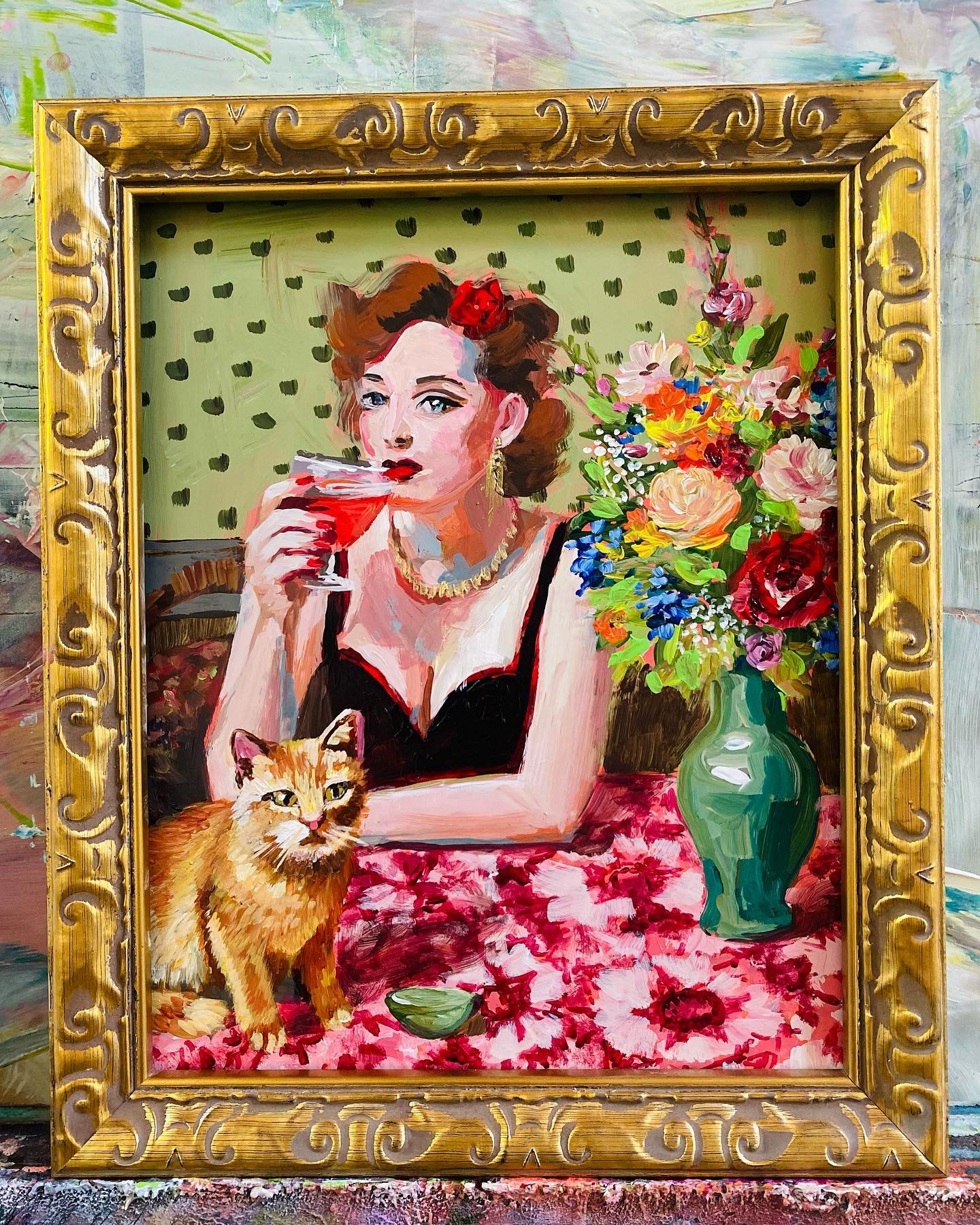 NEW Painting! &ldquo;Paws and Pinot Noir&rdquo; 💕

8x10 inch acrylic and acrylic gold on wood panel*available unframed can be easily popped into a standard frame 

She sips her Pinot Noir while her kitty laps from a tiny bowl, both wrapped in the ge