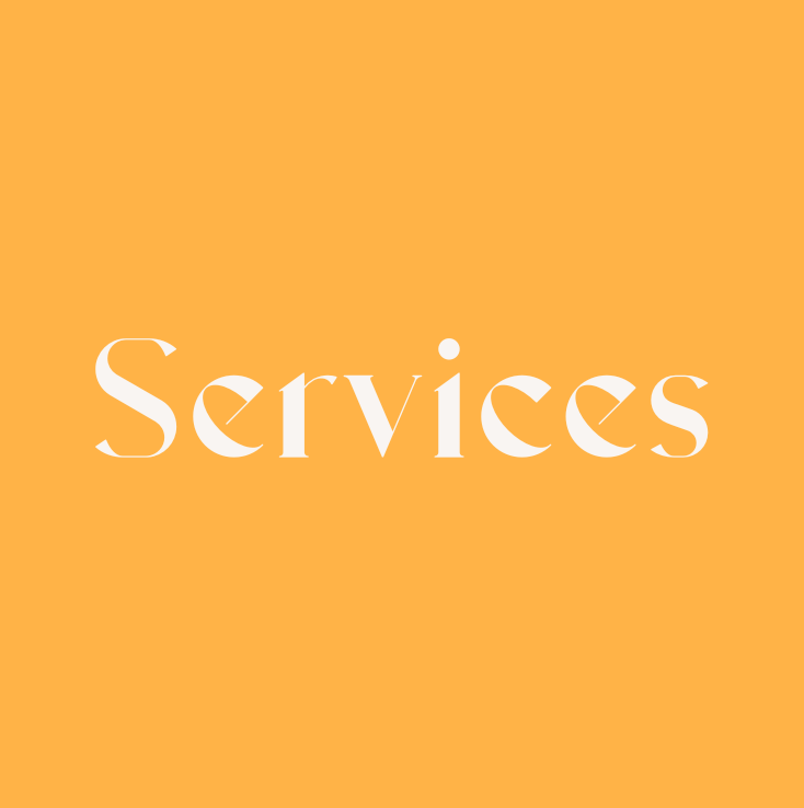 The word 'Services' written in white text on an orange background. A button to find out more about Zoe Phillimore's services such as SEO copywriting and content strategy.