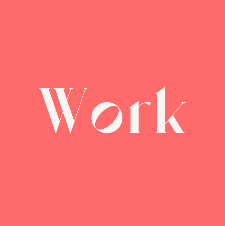 The word 'Work' in white text on a pink background. A button to find out about Zoe Phillimore's work,