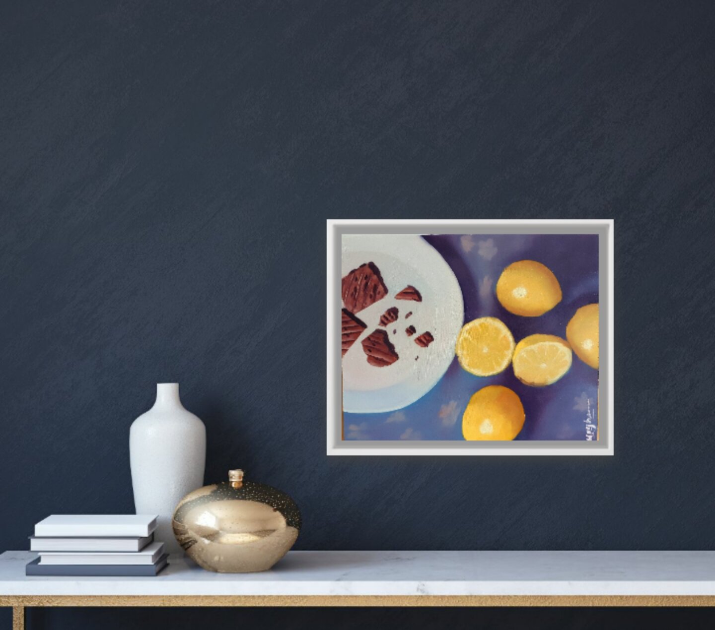 Lemon and chocolate art print hanging on a wall