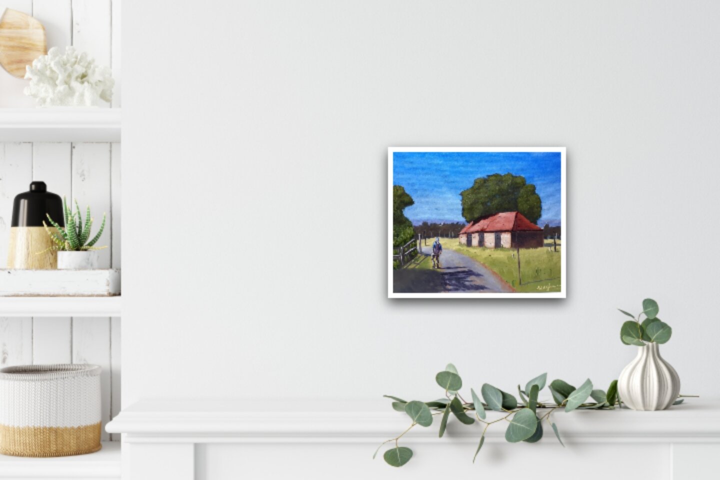 Australian art print of person returning to house hanging on wall