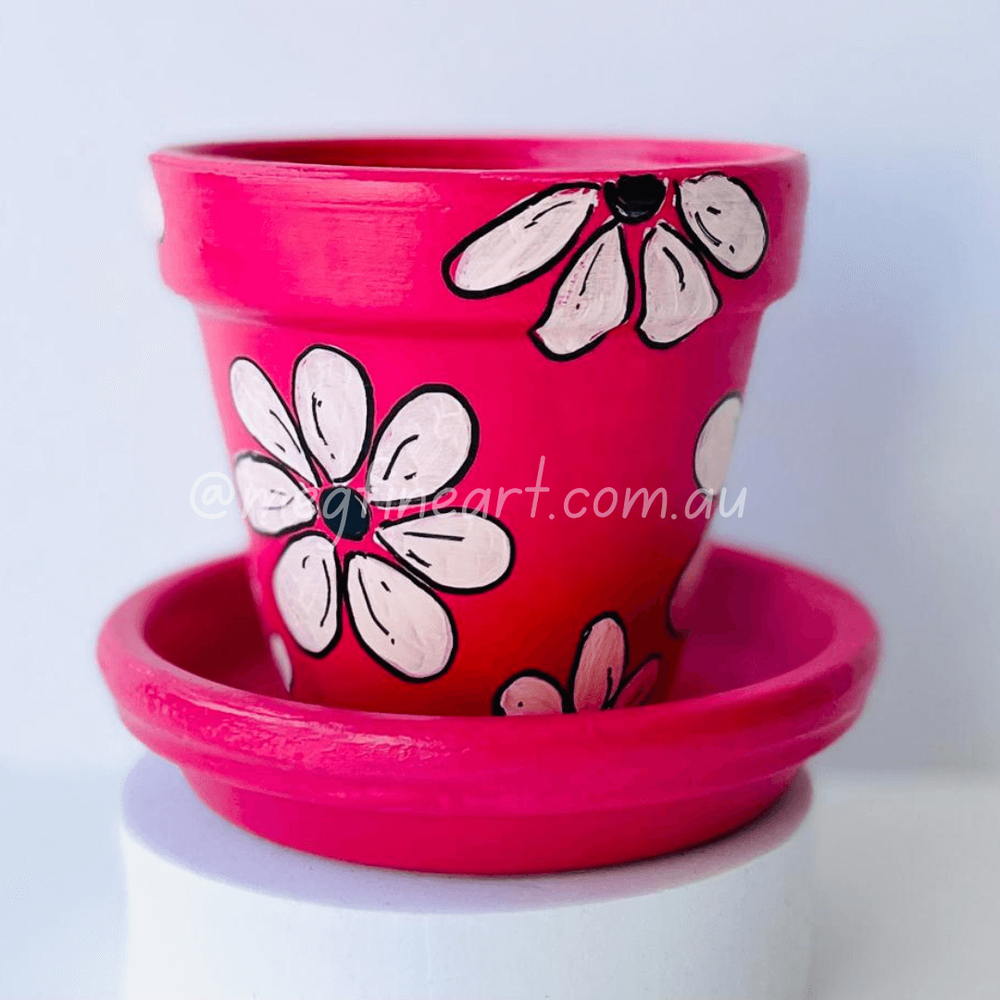 Hot pink daisy handpainted colorful planter with drainage hole and saucer.   Meg Fine Art