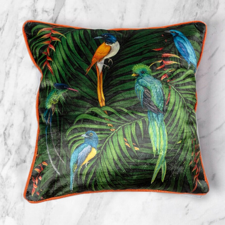Exotic Birds Velvet Cushion — Stella Alexander Art