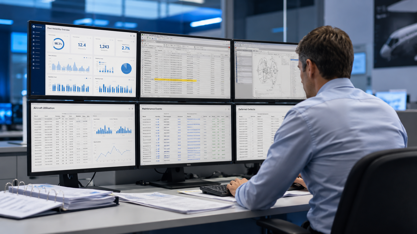 Reliability Engineer validating maintenance records, aircraft utilisation and operational information before completing a monthly fleet reliability report.