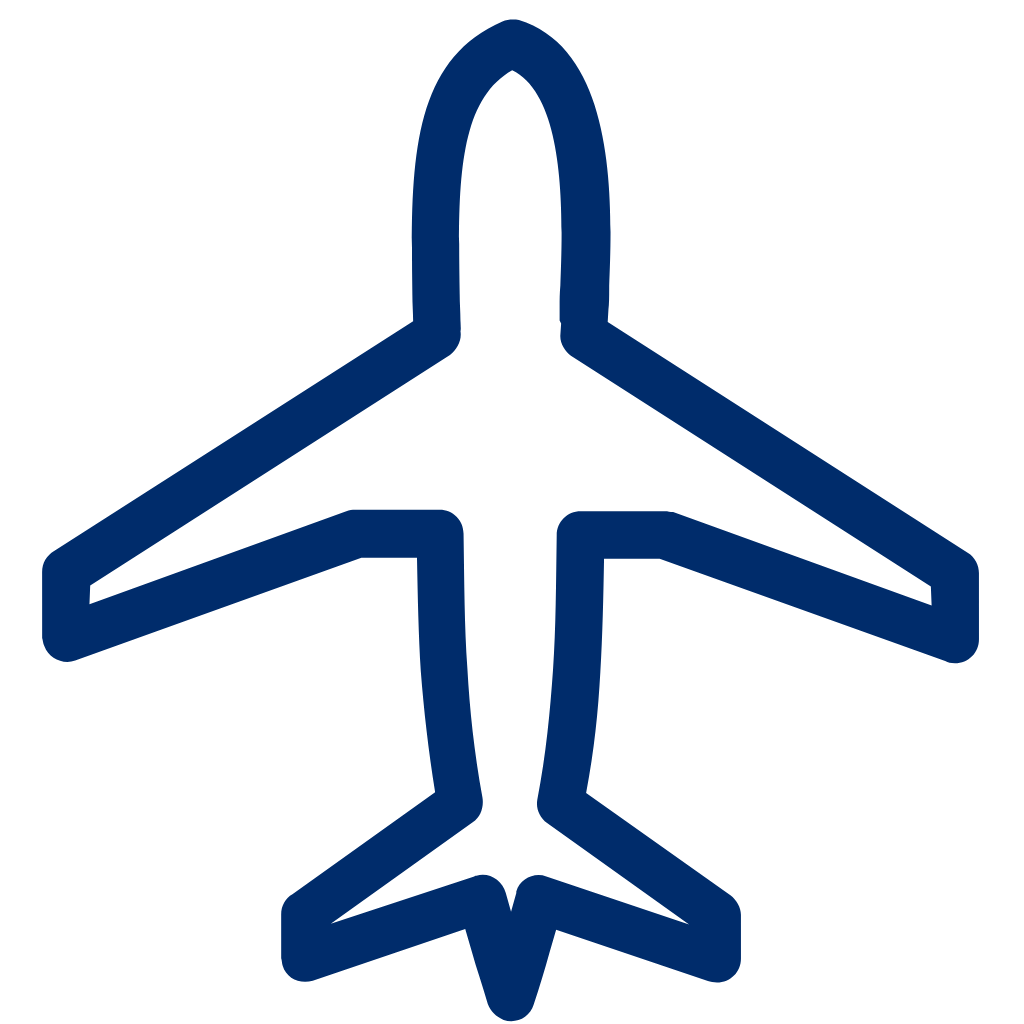 Line art icon of an airplane in dark blue on a black background.