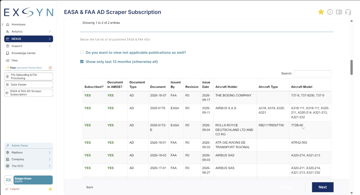 EXSYN AD Automation workflow monitoring Airworthiness Directives against fleet scope and records in the M&E system.