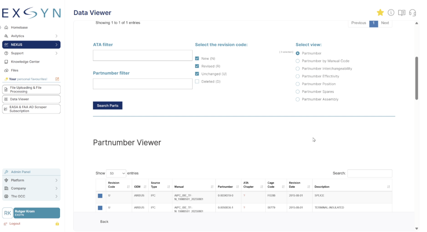 EXSYN OEM Library Data Viewer showing IPC revision records and engineering review filters