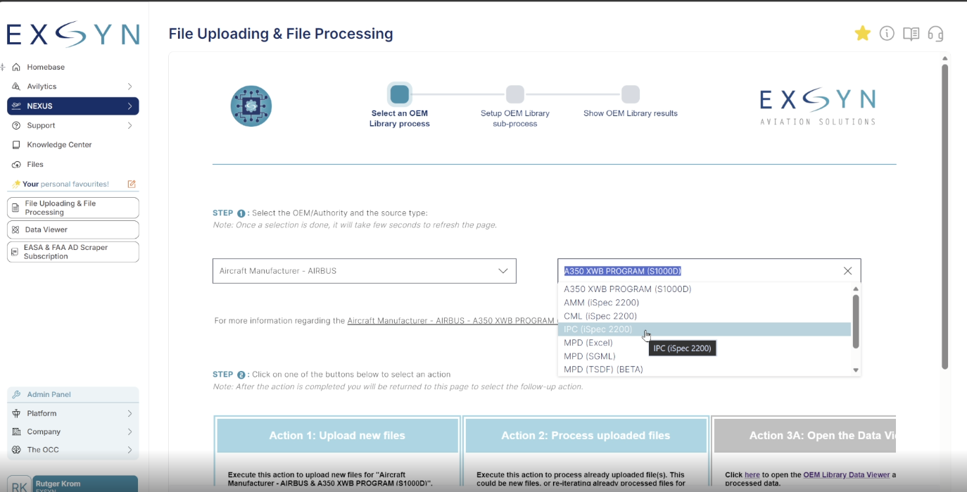 EXSYN OEM Library showing IPC revision records filtered by revision status, ATA chapter, part number and aircraft effectivity.