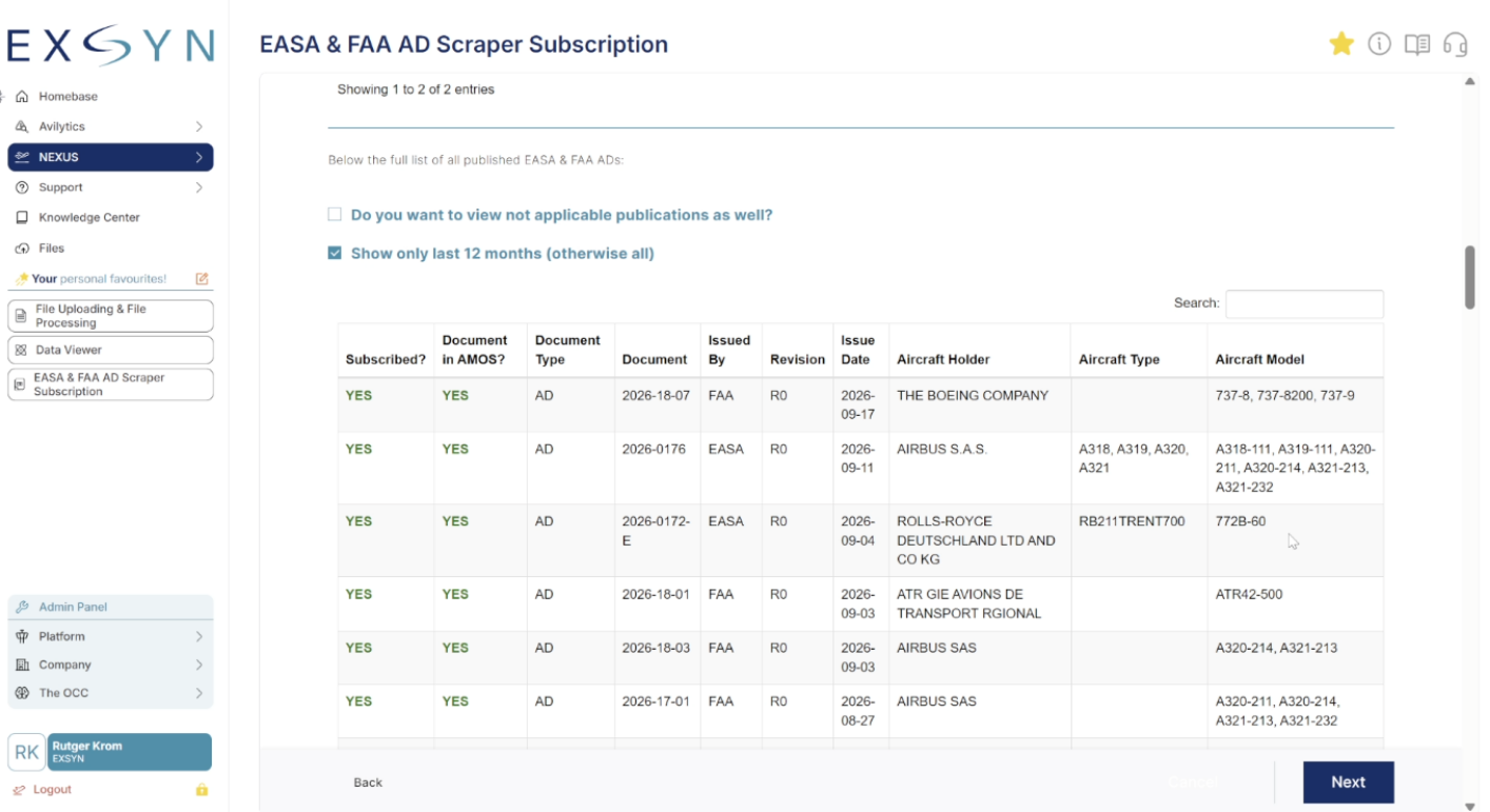 EXSYN AD Integration App monitoring EASA and FAA Airworthiness Directive publications