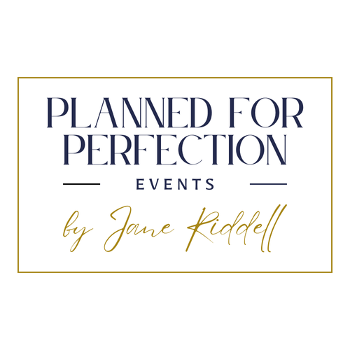 Logo of "Planned for Perfection Events by Jane Riddell" with elegant typography, featuring navy blue and gold colors.