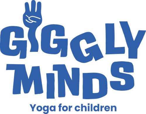 Logo for Giggly Minds, a children's yoga program, featuring playful blue text and a hand in a peace sign.