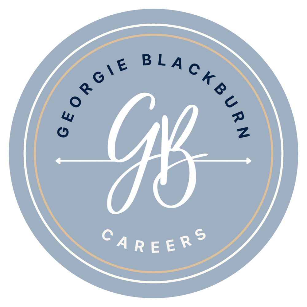 Circular logo with initials "GB" in the center, surrounded by text "Georgie Blackburn Careers" and decorative borders, in a blue and white color scheme.