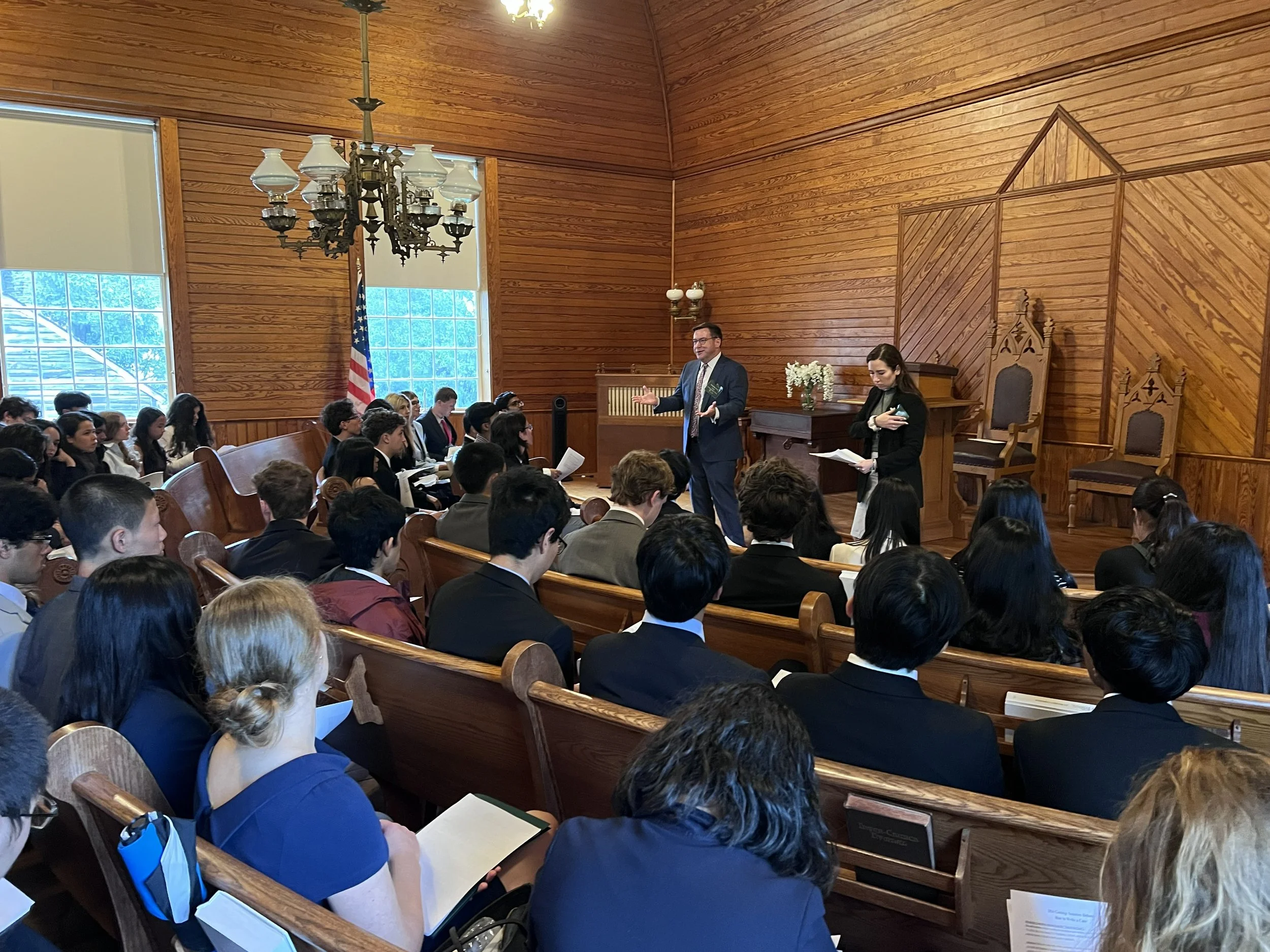 The Coolidge Foundation’s Jonathan Peele and Emily Burden lead the seminar “How to Debate,” preparing the Senators to debate the question of whether Coolidge deserves to be ranked among the top ten U.S. presidents