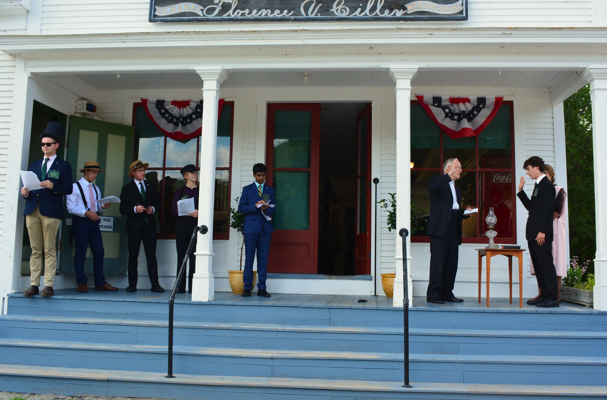 With Governor Jim Douglas leading the way, Coolidge Senators reenact the 1923 “Homestead Inauguration” that made Calvin Coolidge president