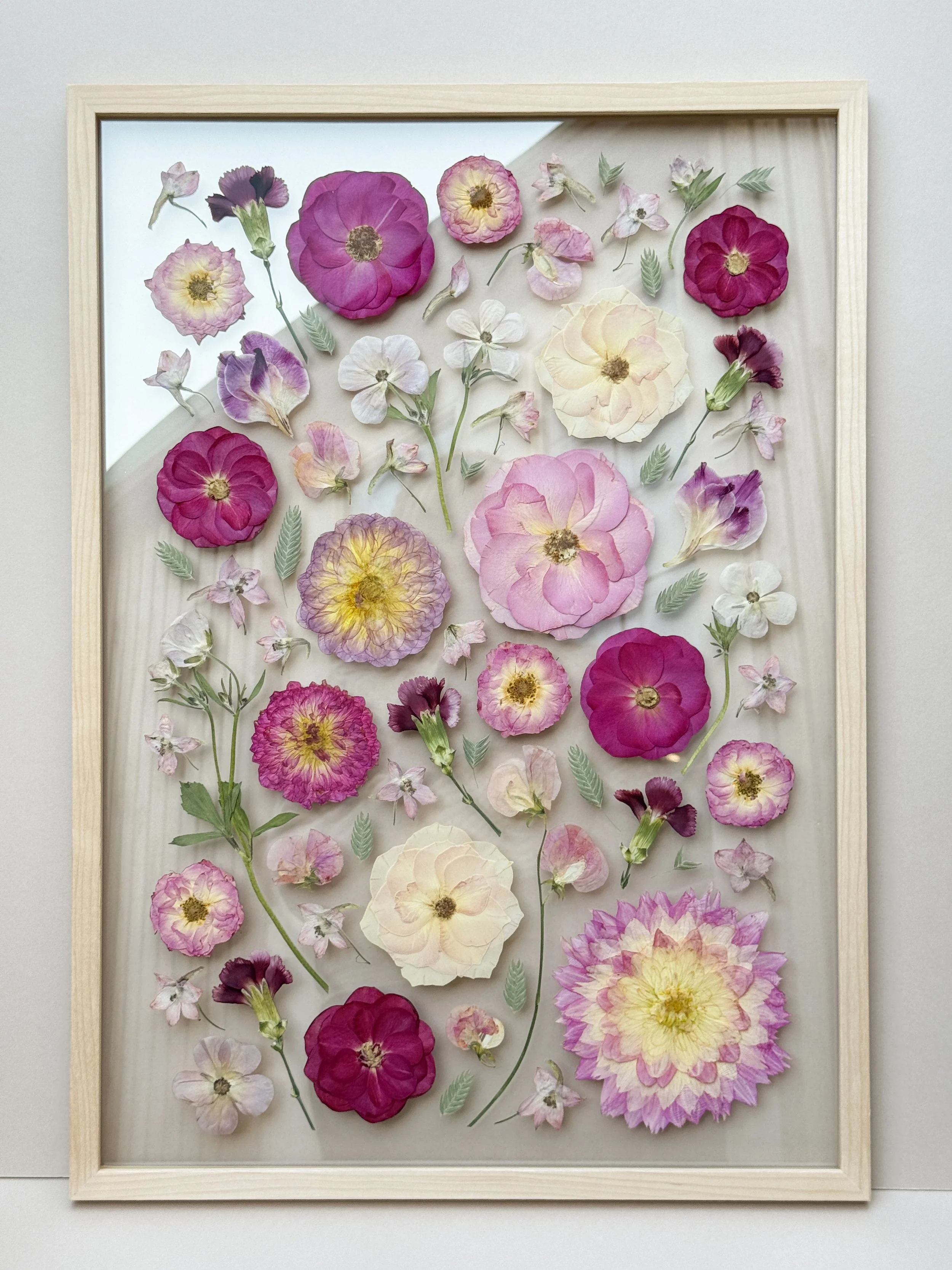 Framed display of pressed pink, purple, and white flowers arranged on a light background.