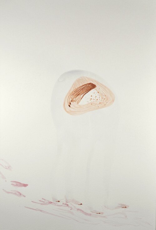 SEM TITULO, 2021 |
Aquarela, caneta feltro, suor sobre papel |
21 x 29,7 cm