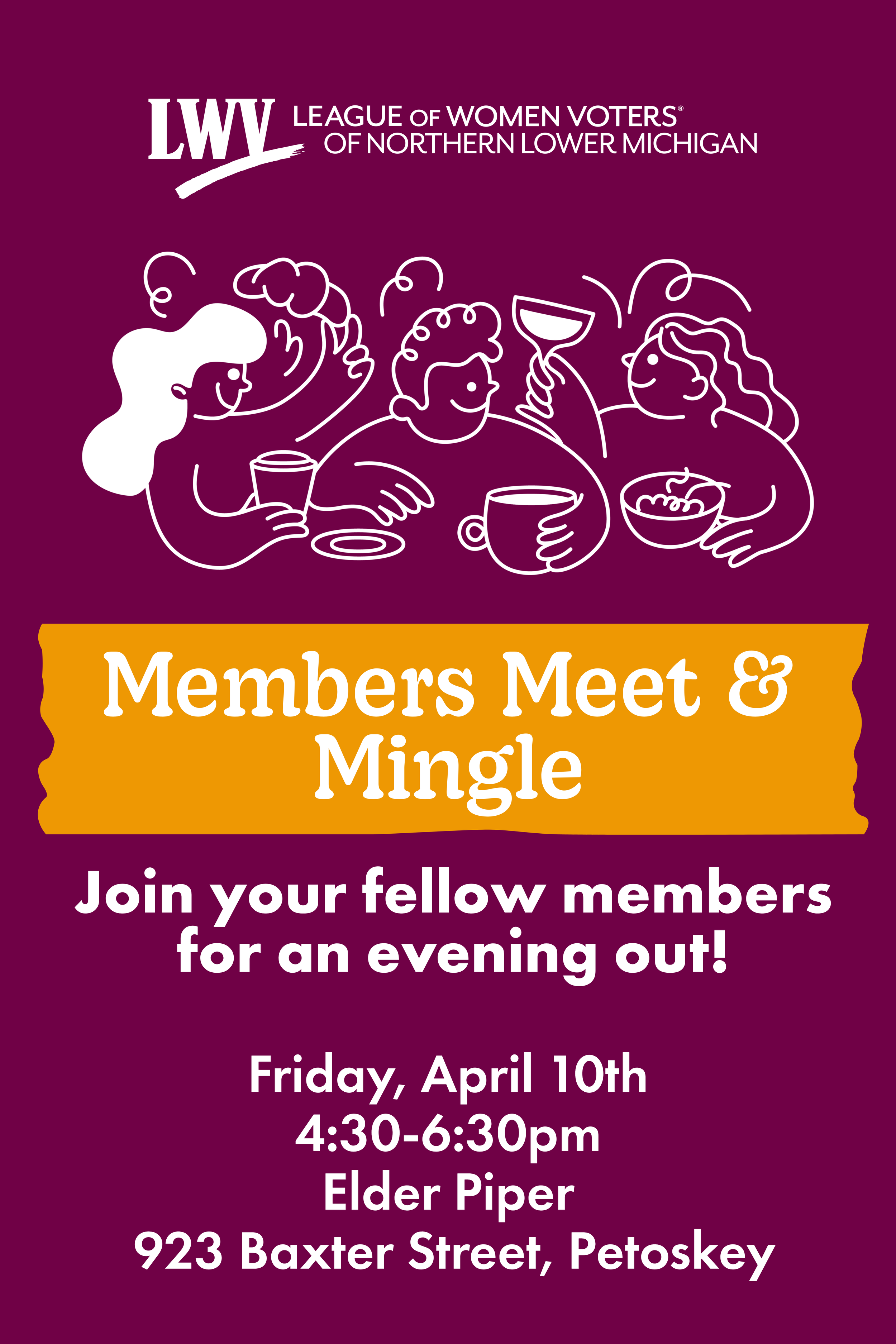member meet-up. purple field with illustration of gathering people april 10th 4:30-6:30pm at elder piper