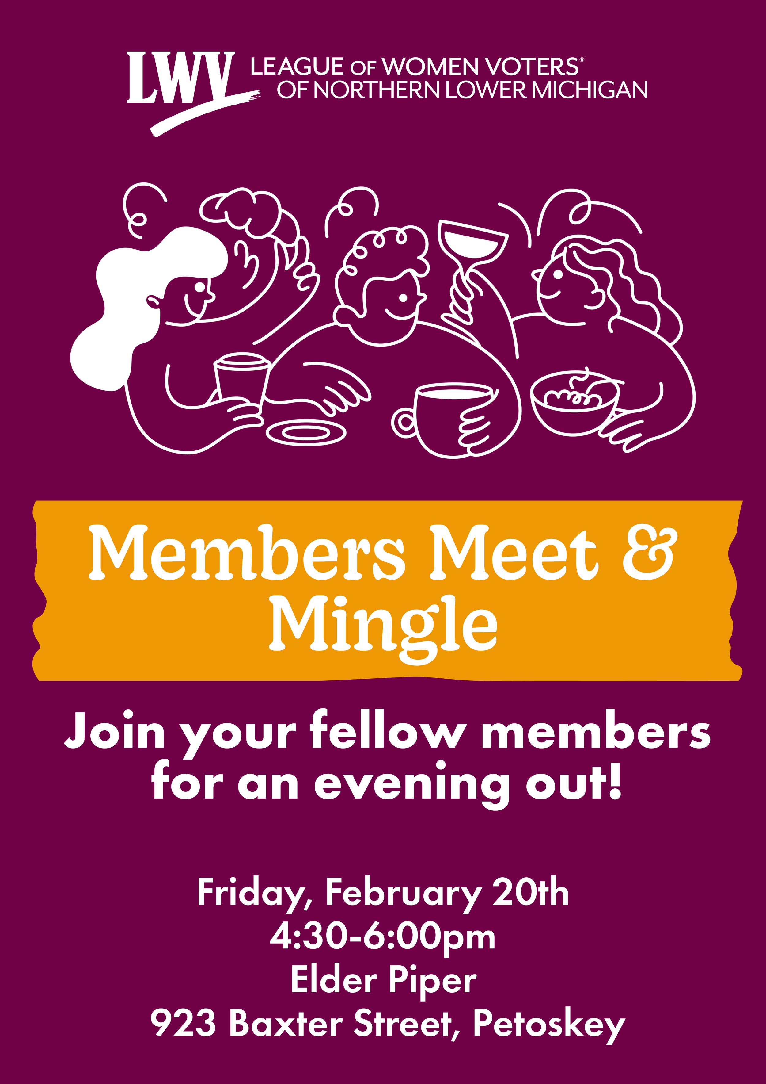 announcement for feb 20th get together for members at elder piper, 4:30-6pm