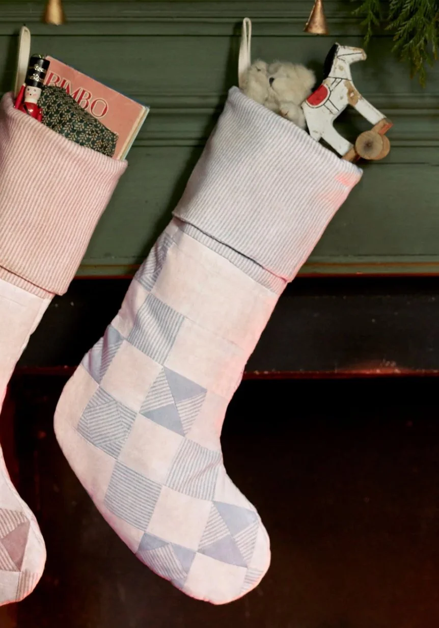 Rowen and Wren: Reversible Patchwork Stocking, Dusky Blue, £18