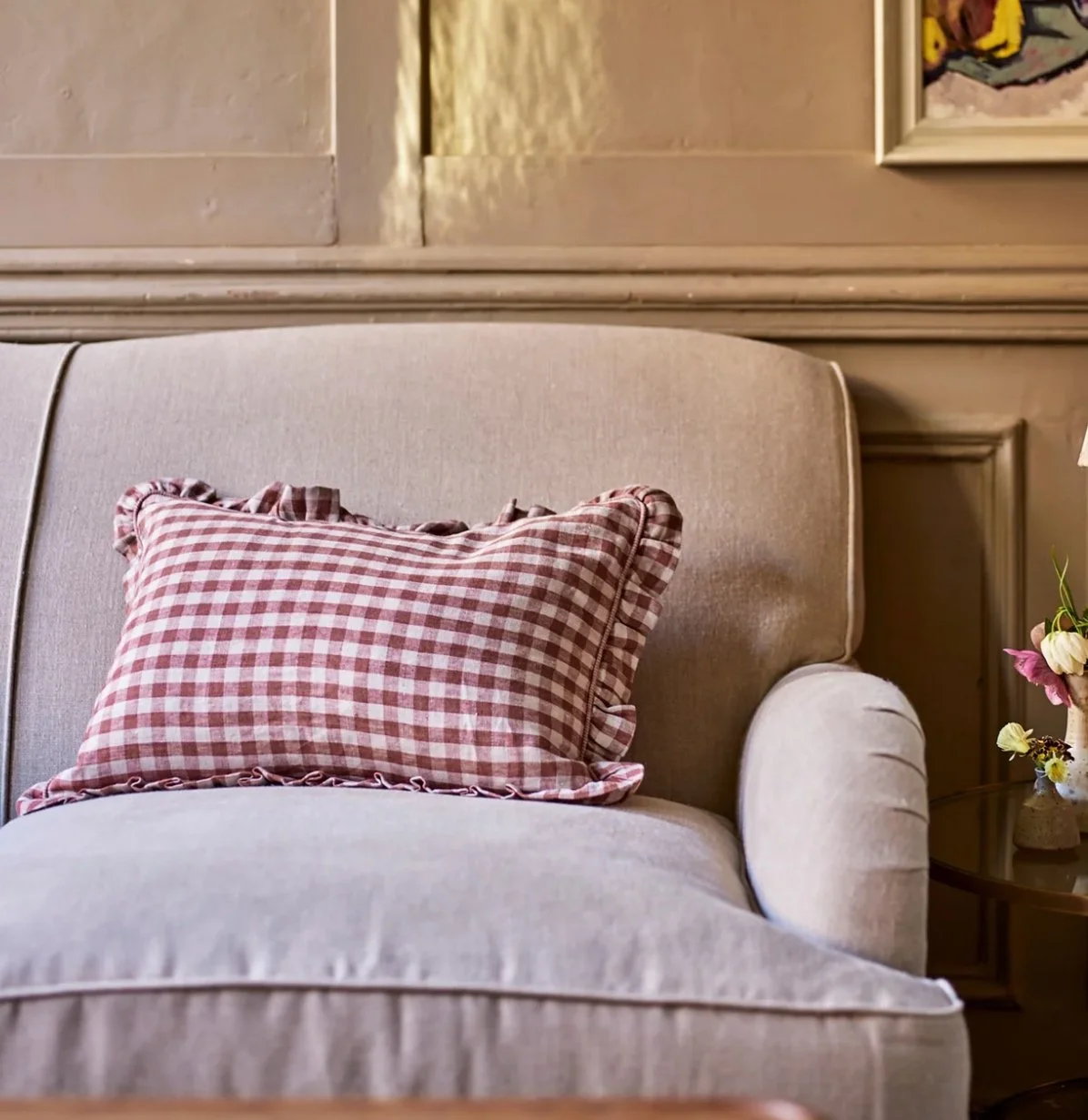 Rowen and Wren: Tilly Gingham Frill Cushion, Blush Red, £69