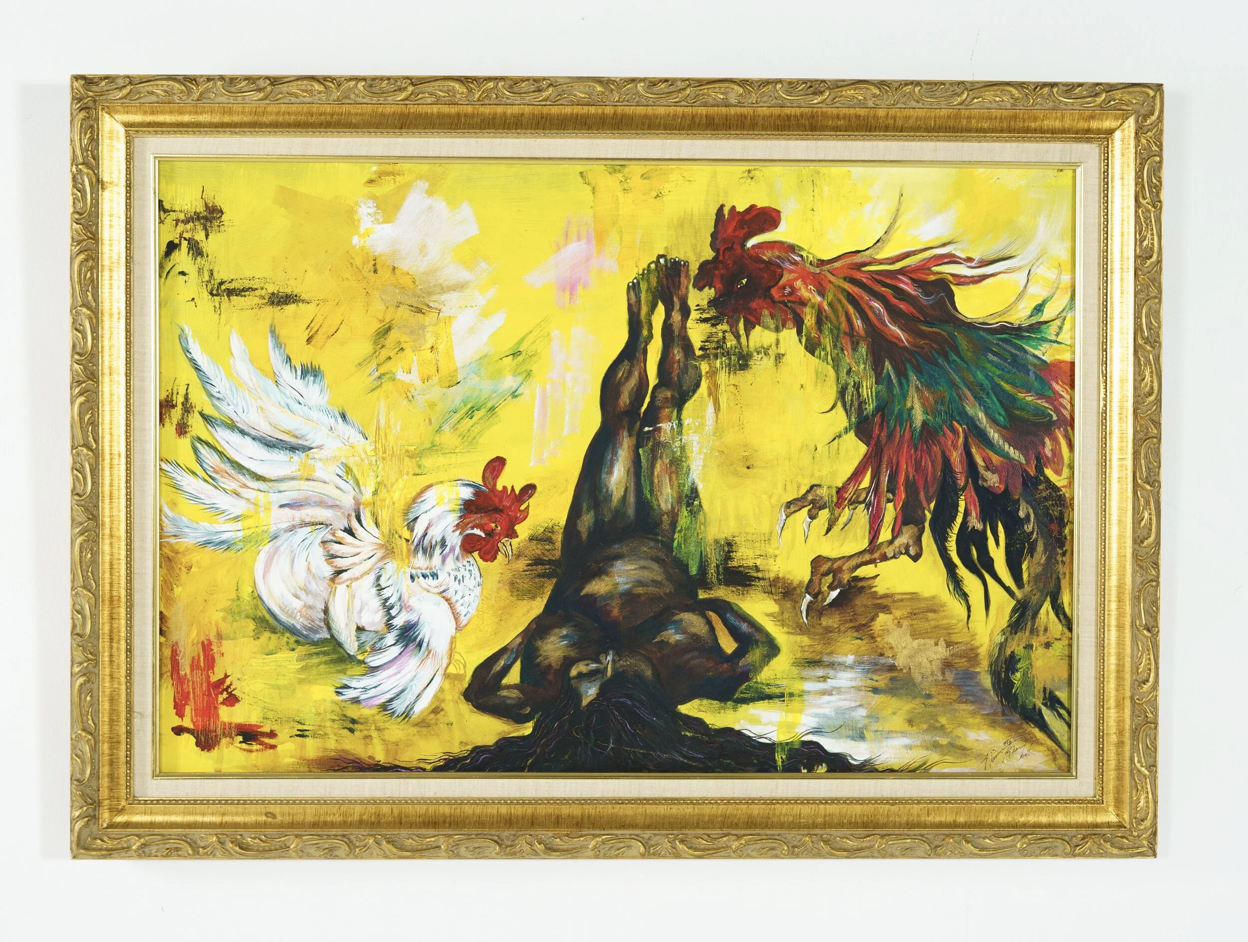 painting yellow background nude female figure dark skin tone in center lying on back chicken on left rooster on right