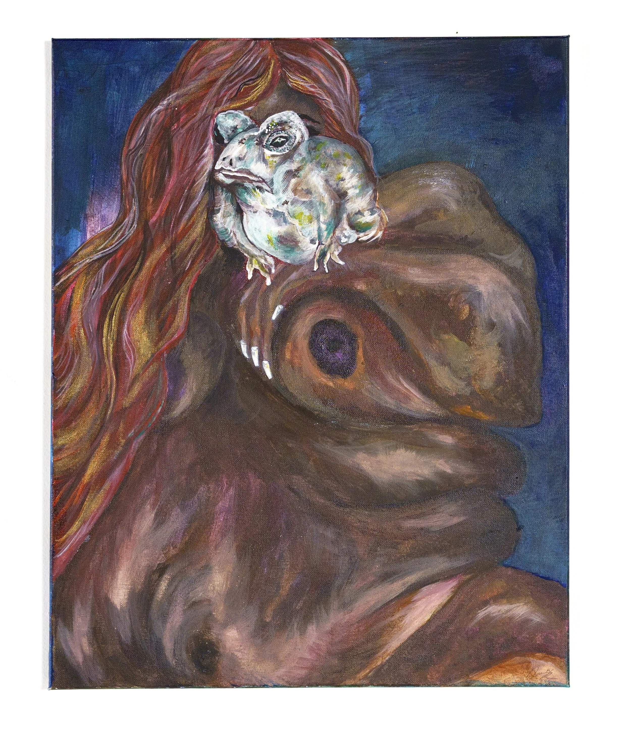 abstract nude female figure dark skin tone frog on shoulder hair hiding face