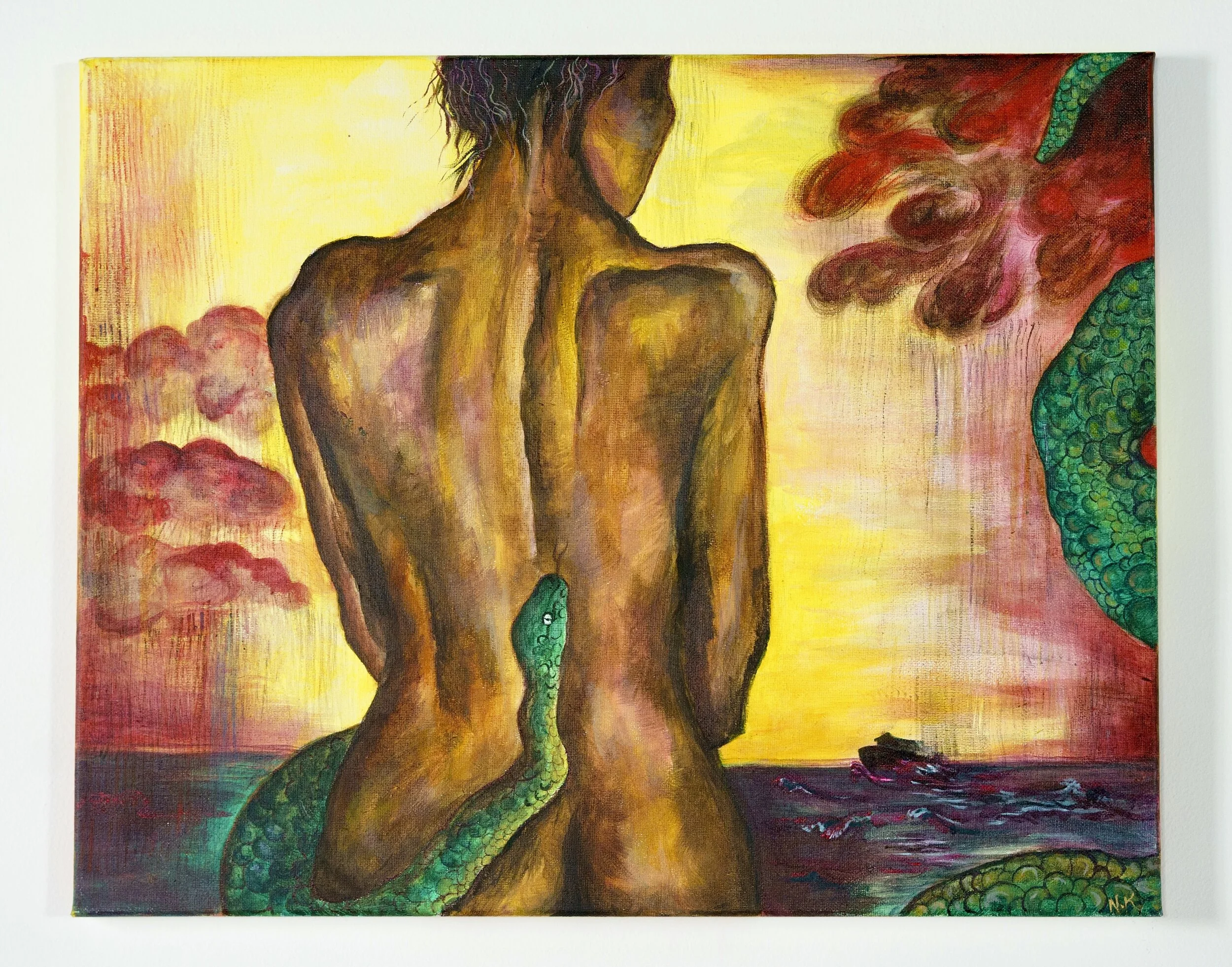 dark skin female figure nude back snake curling around body viewing sunset sea view boat in distance