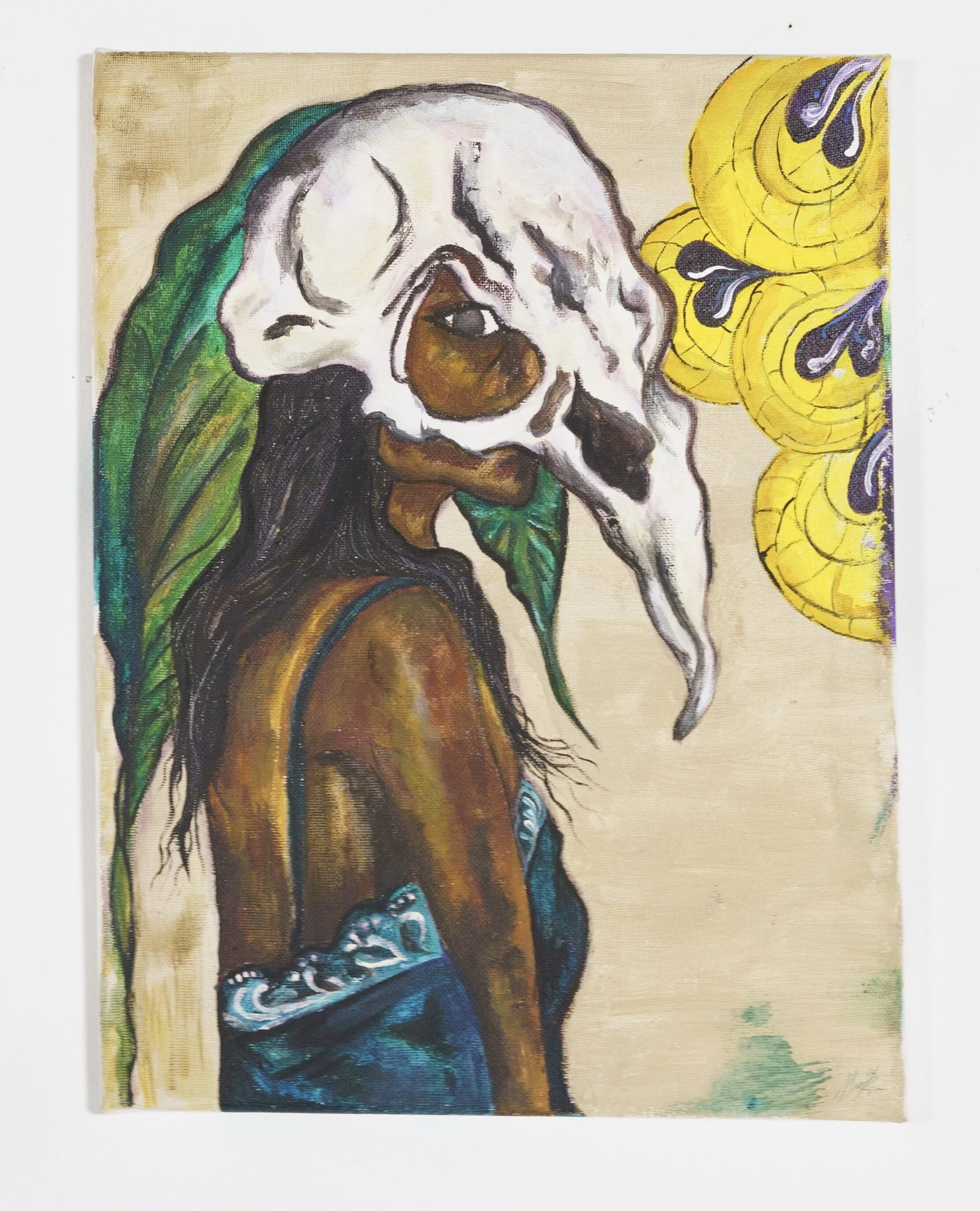 Dark skin female figure looking over shoulder to viewer wearing bird like skull over head