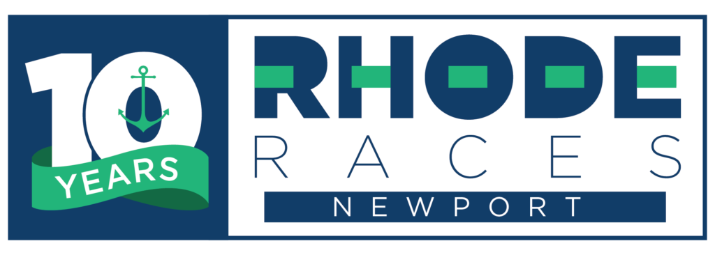 Logo celebrating 10 years of Rhode Races in Newport, featuring a stylized anchor with a green banner reading '10 Years' and text for Rhode Races Newport.