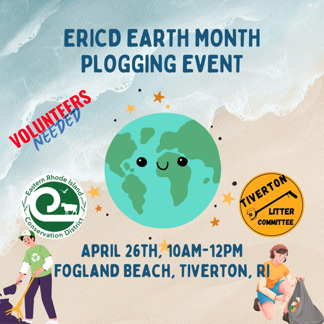 Flyer for ERICD Earth Month Plogging Event with a cartoon Earth, volunteer icons, and event details at Fogland Beach, Tiverton, RI on April 26th from 10AM to 12PM.