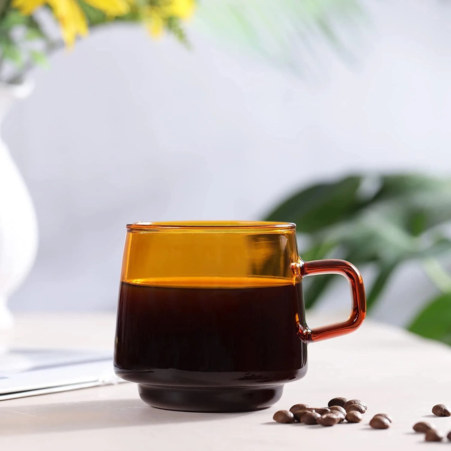Set of 2, Joeyan Amber Glass Coffee Mugs Set of 2