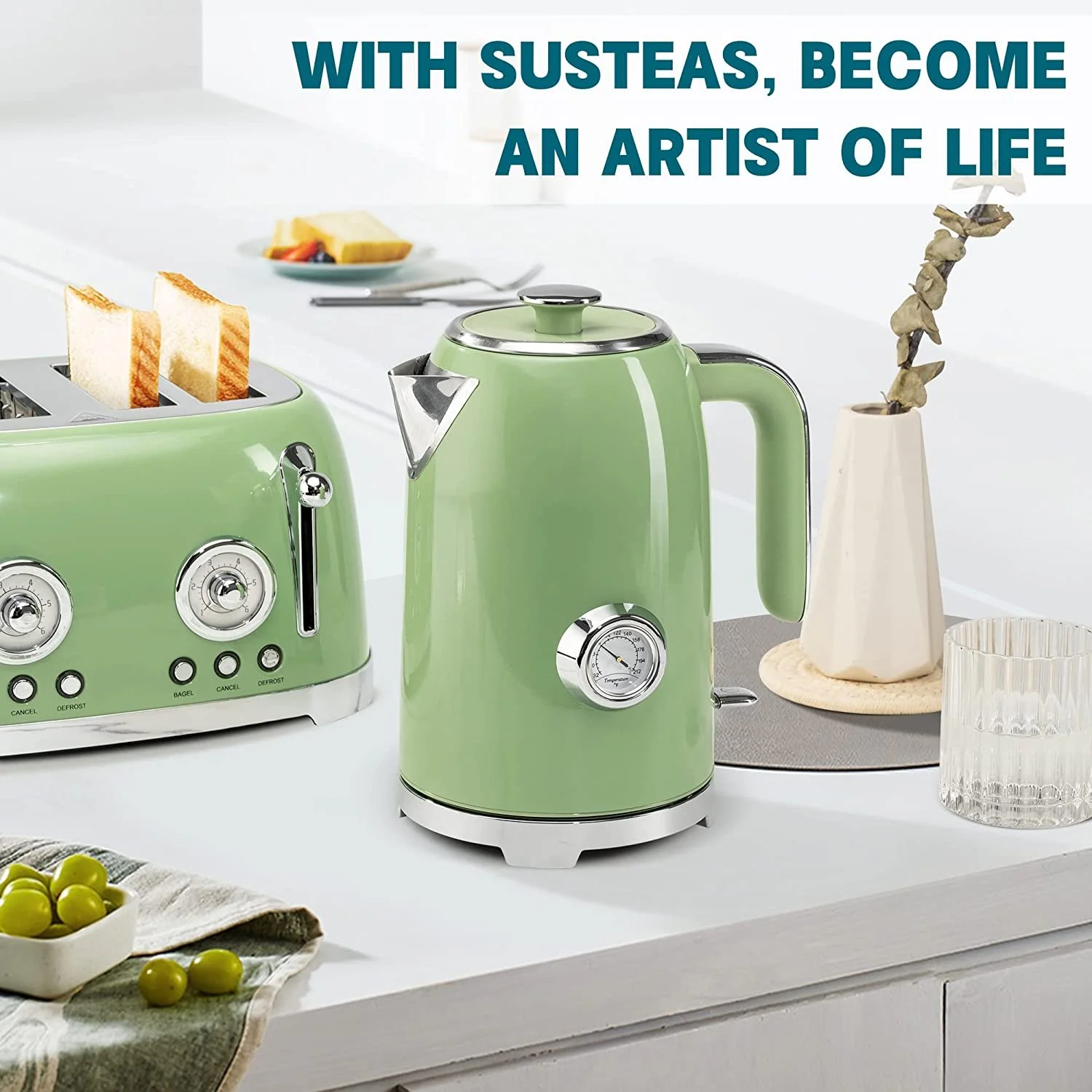 SUSTEAS Electric Kettle, 57oz Hot Tea Kettle Water Boiler with Thermometer