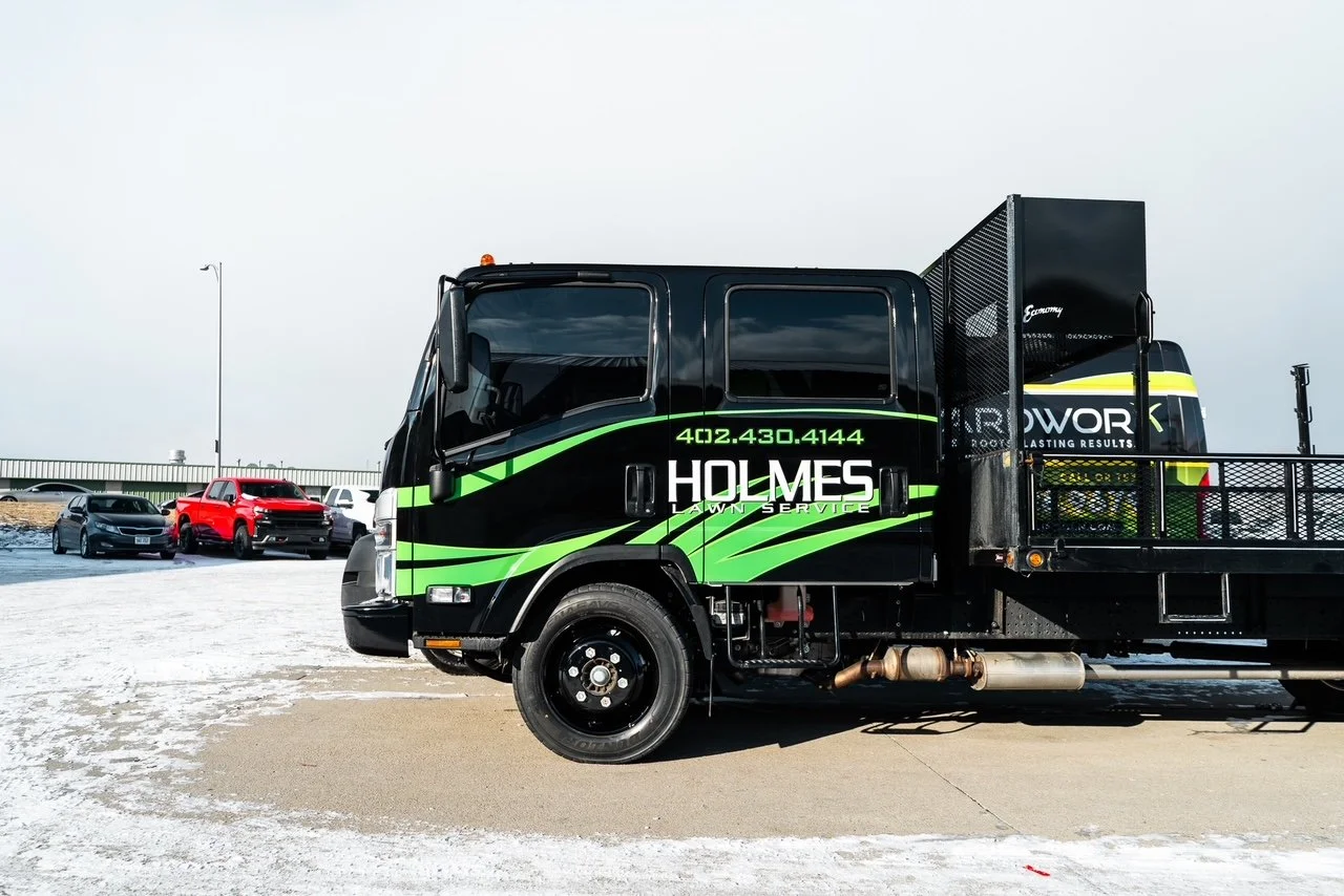 LCF Lawnmowing truck color change wrap with spot graphic overlays