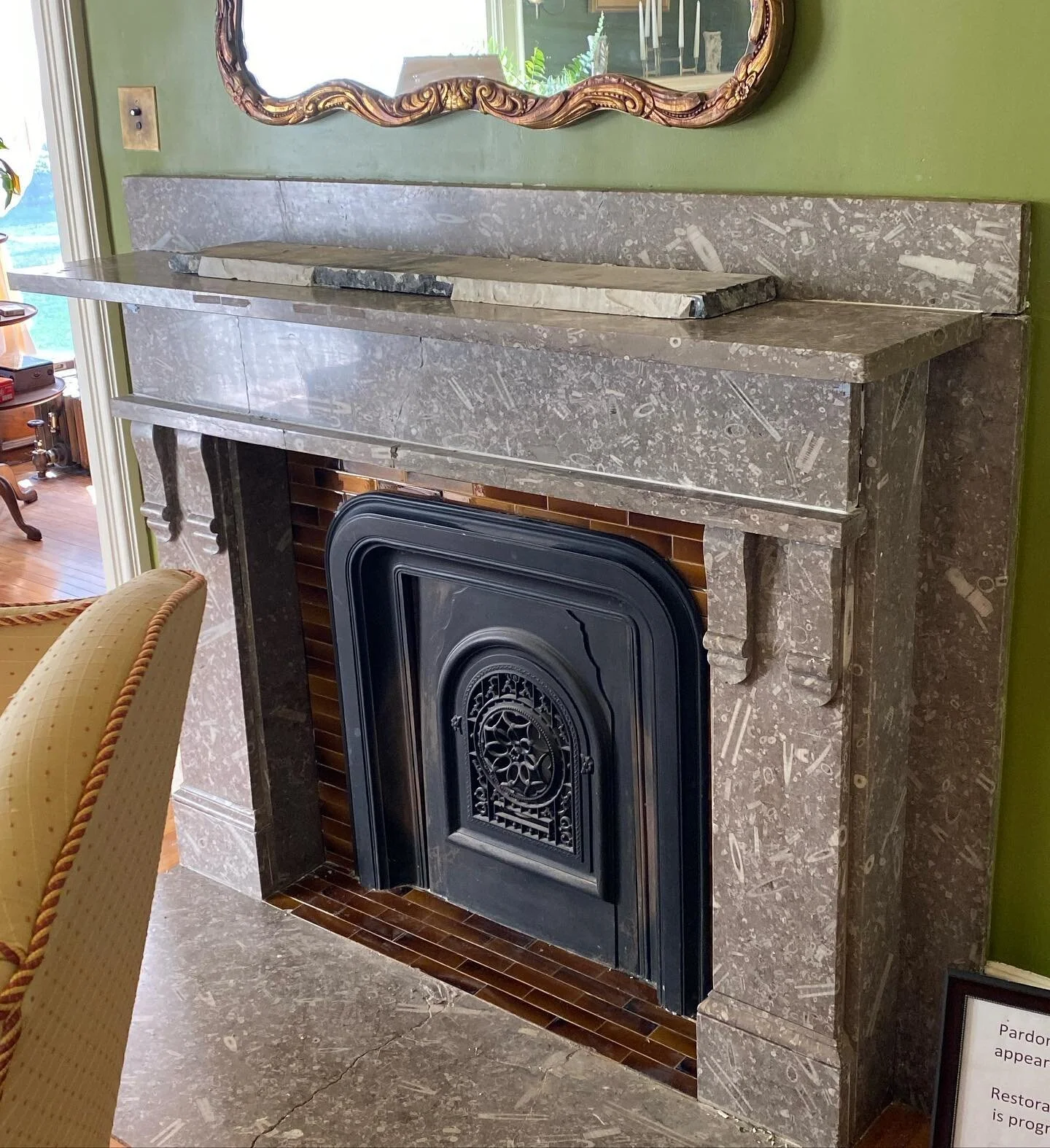 Making great progress on the restoration of the marble fireplace. The last piece of marble was placed back on this afternoon. It will spend the night drying and then tomorrow the marble will be  polished.  We are very happy to have it back! #restorat