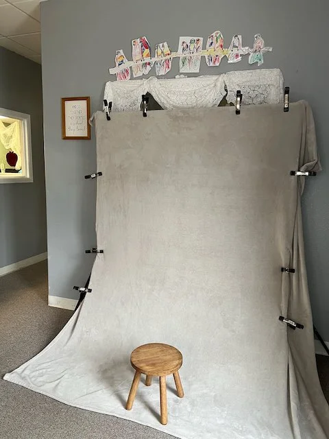 Backdrop set up at a Frederick area school for photo day with the Longmont school photographer placed on her pricing page