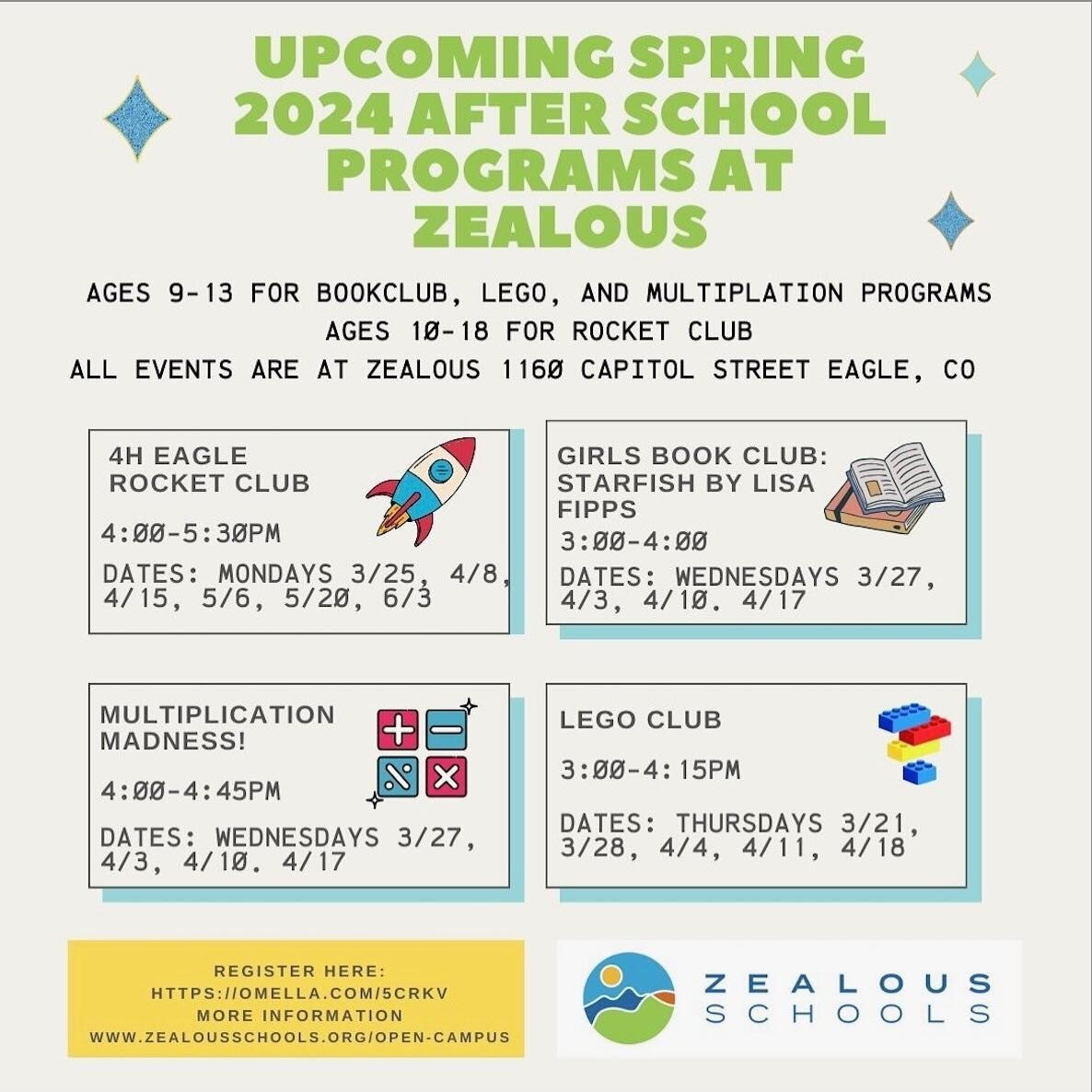 Zealous Spring After School Programs are ready to roll! 

4H Rocket Club: this is a partnership with 4H, CSU, and Zealous Schools. Learn how to design, build, and demonstrate model rockets! 

Girls Bookclub: Come read and discuss the book Starfish. T