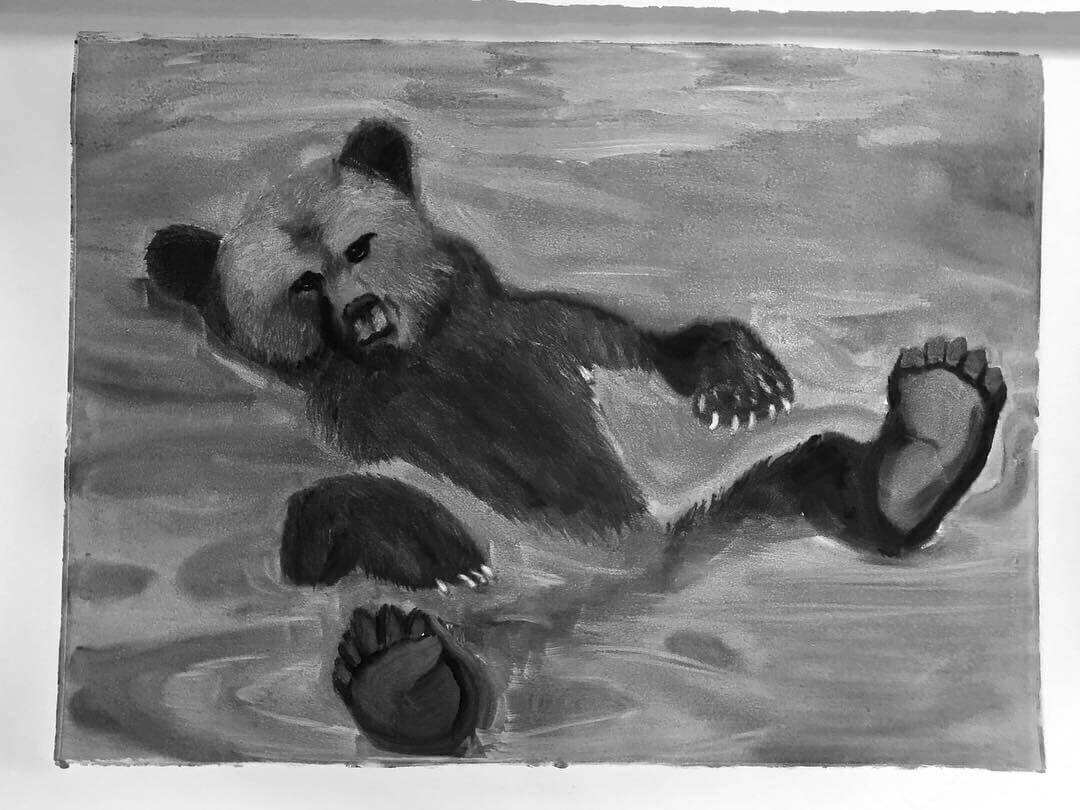 Mischief (Bear Triptych), Monoprint 24x36, 2019