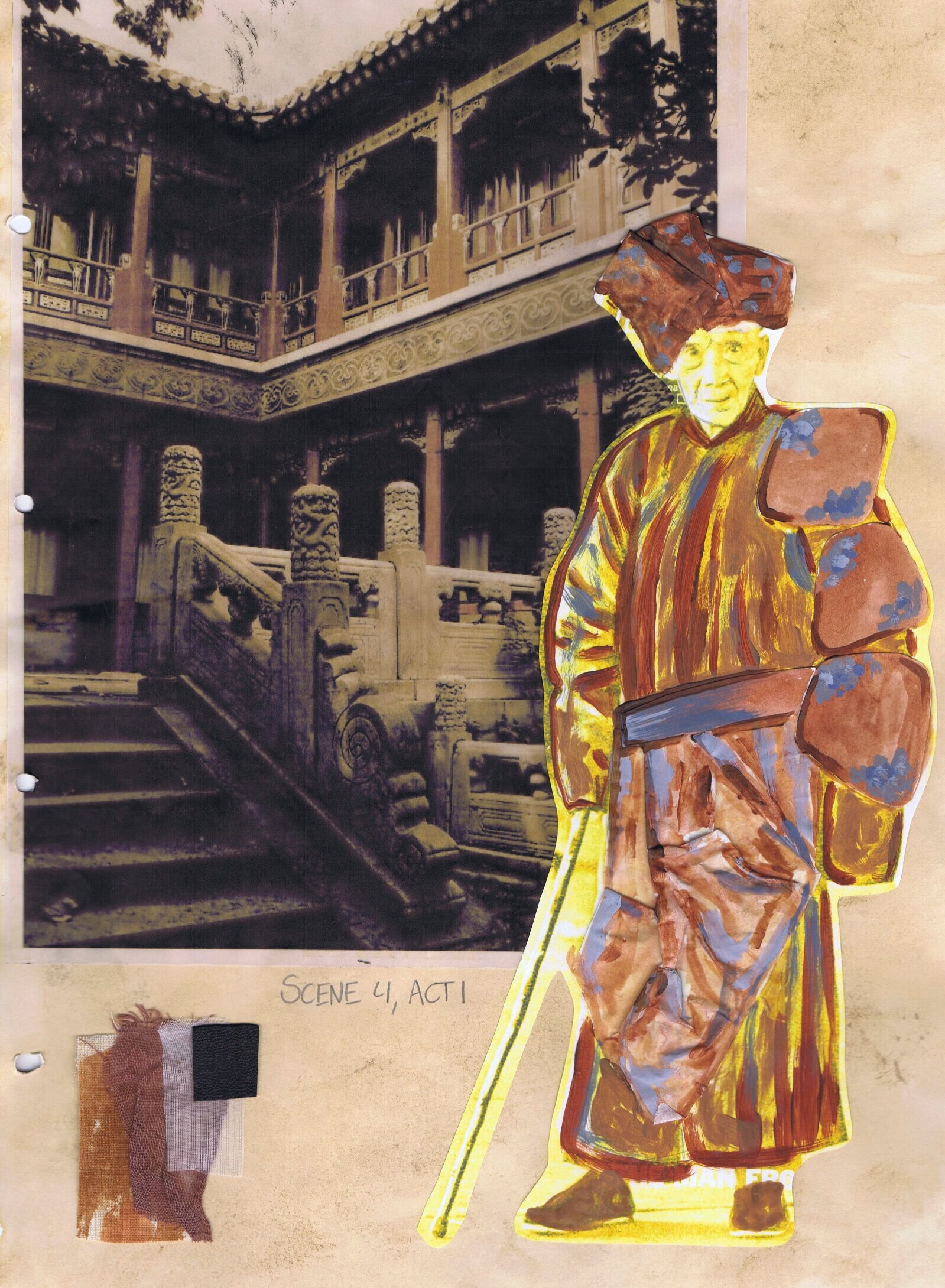 'Gormenghast' by Meryn Peake - Design for Flay. I used collage to render my vision for 'Gormenghast' as it was a quick and organic way of building the complicated shapes that I wanted to incorporate into the costumes. Flay's costume was inspired by o