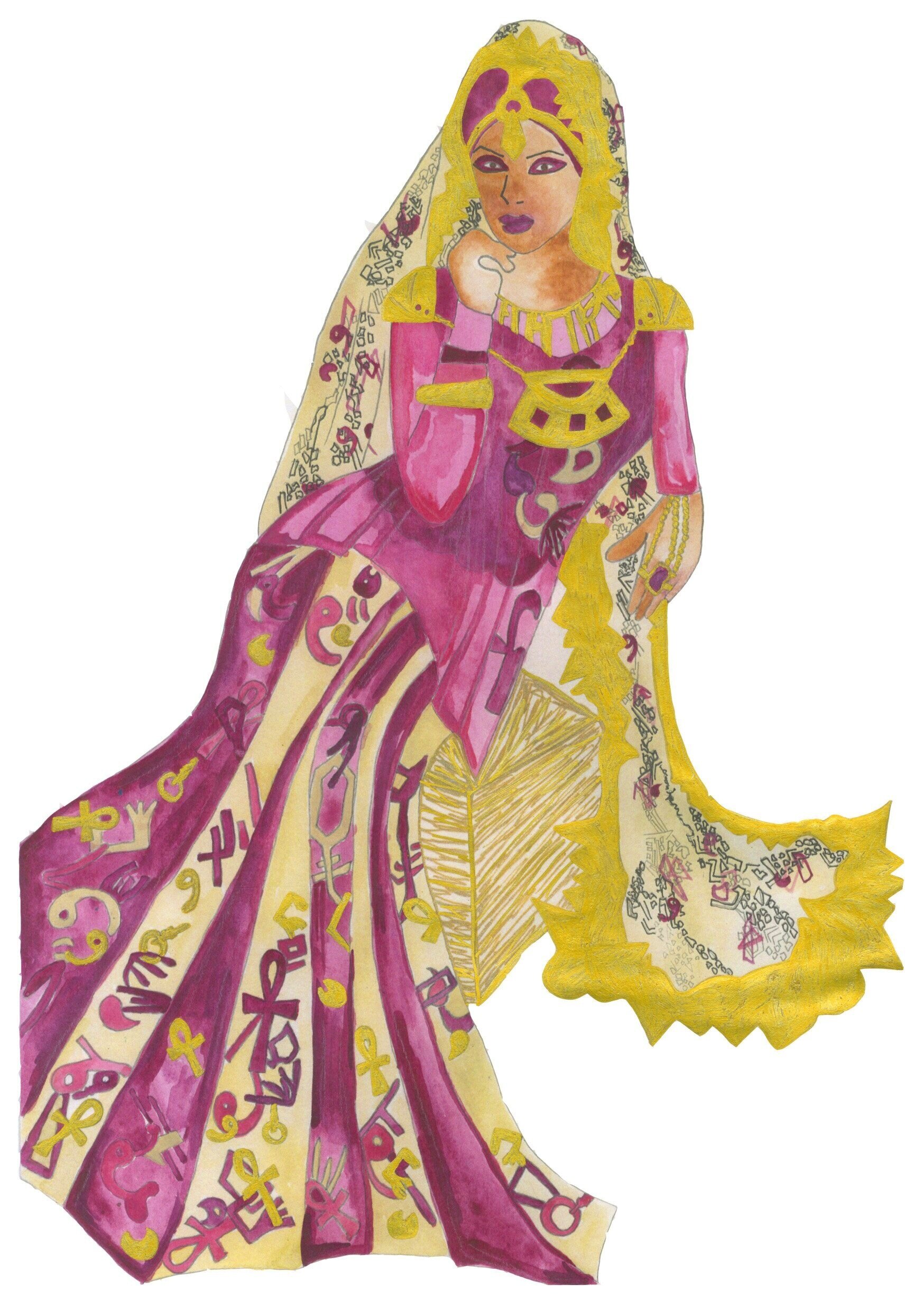 'Antony and Cleopatra' - Design for Cleopatra. Her silhouettes were influenced by contemporary designers such as Zuhair Murad and Haider Ackermann whilst the textiles of her clothing were informed by a mash up of Ancient Egyptian hieroglyphs and Arab