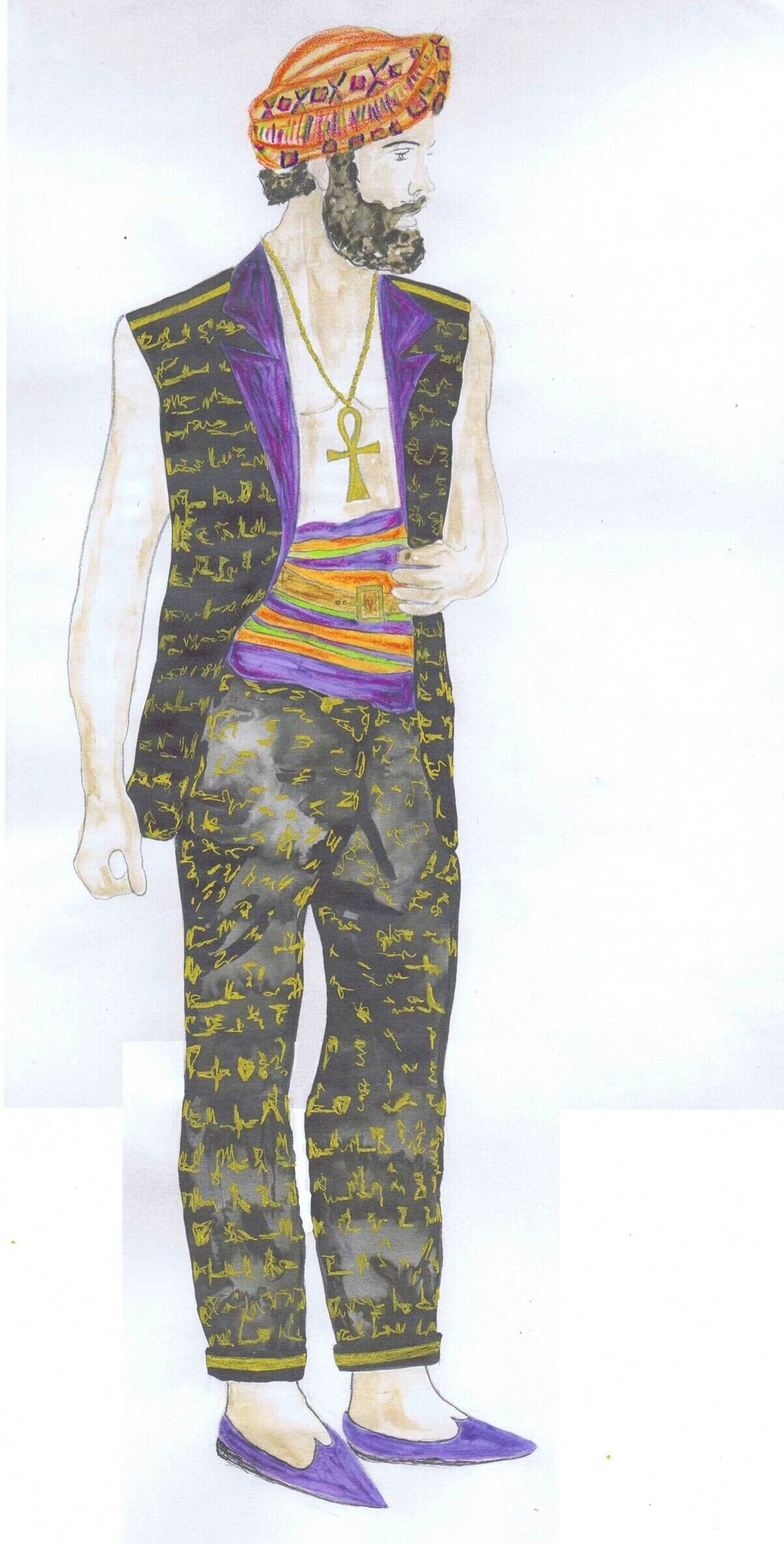 'Antony and Cleopatra' - Design for the Soothsayer. This costume brought traditional Egyptian woven textiles and Ancient Egyptian Hieroglyphs together to create a mystical energy around the character. The colours of his belt and turban were inspired