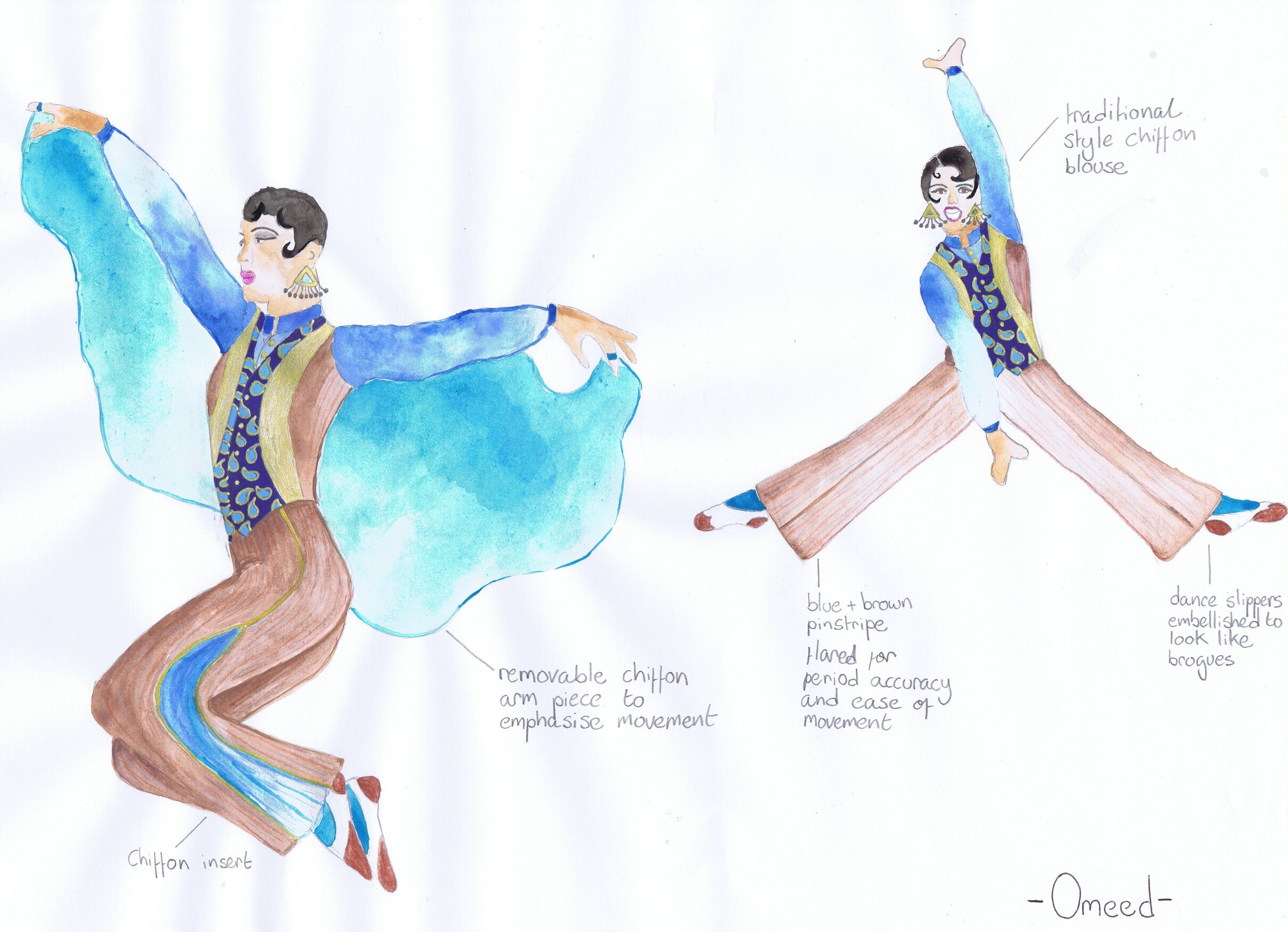 'Omeed' Design for an Aerial Performer. This design was for a number in a show that celebrated Persian history. I added traditional paisley elements to the waistcoat and a chiffon piece that would have attached to the arms with poppers so that it cou