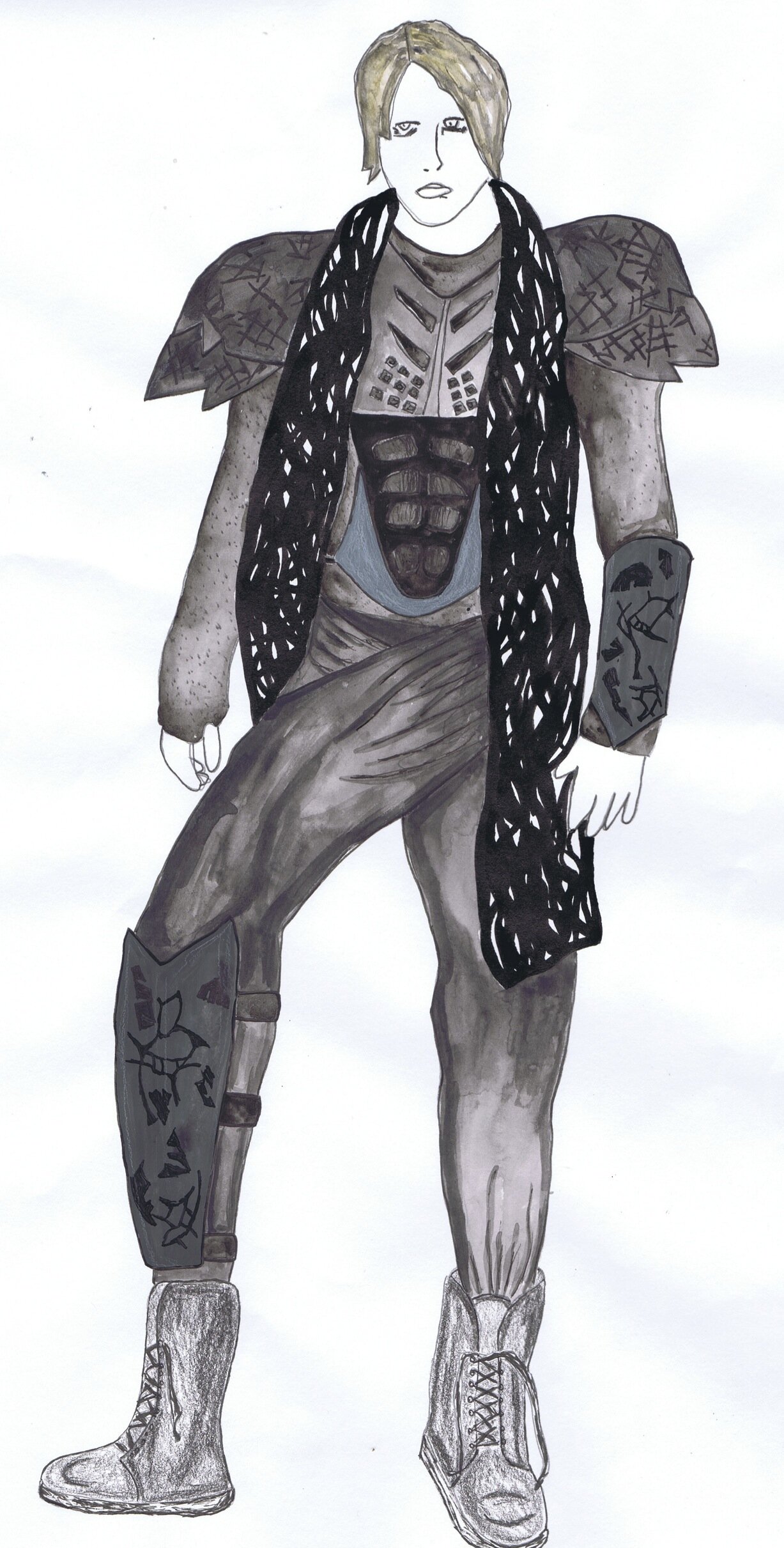 'Antony and Cleopatra' - Design for Antony. I wanted Antony to have the look of a warrior but make it heightened to show his status as one of Rome's leaders. The textiles of his costume were all created using laser cutting techniques on leather.