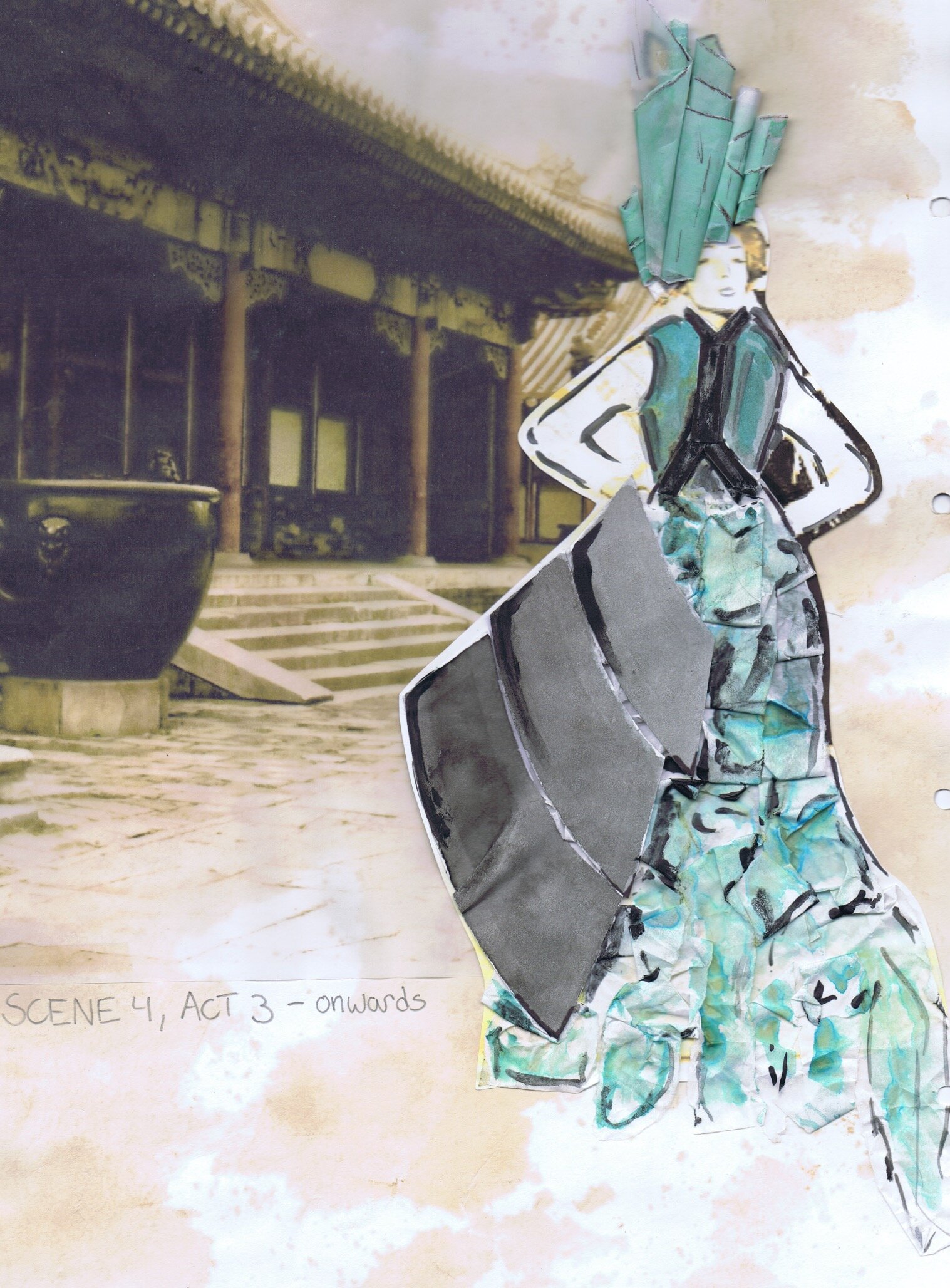 'Gormenghast' by Meryn Peake - Design for The Countess. I used collage to render my vision for 'Gormenghast' as it was a quick and organic way of building the complicated shapes that I wanted to incorporate into the costumes. The Countess's silhouett