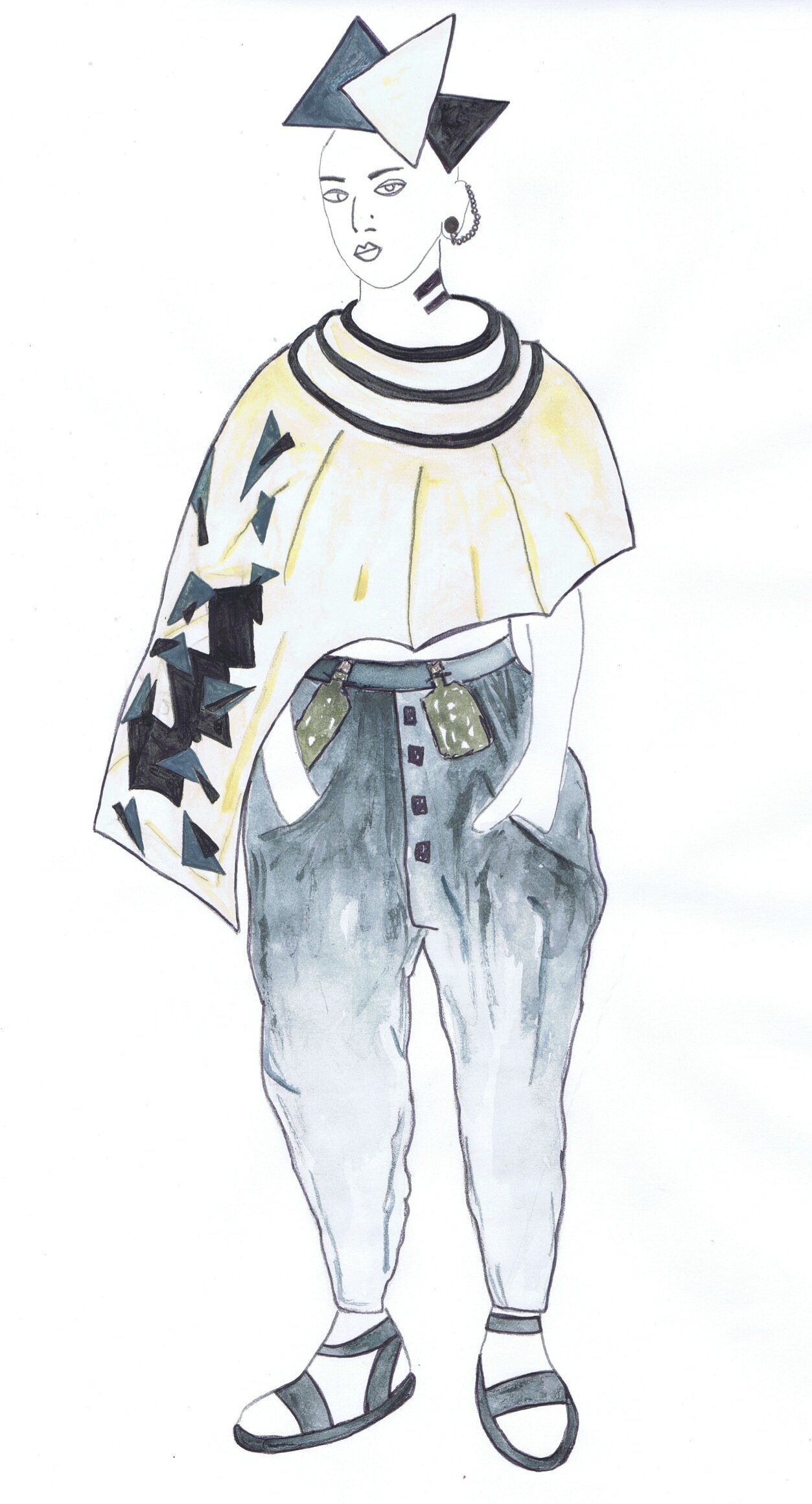 'Antony and Cleopatra' - Design for Pompey. I wanted Pompey to have a different feel to the other characters as he has an independent spirit and is separate from both Egypt and Rome. I wanted his silhouettes to have a loose, pirate like feel whilst a