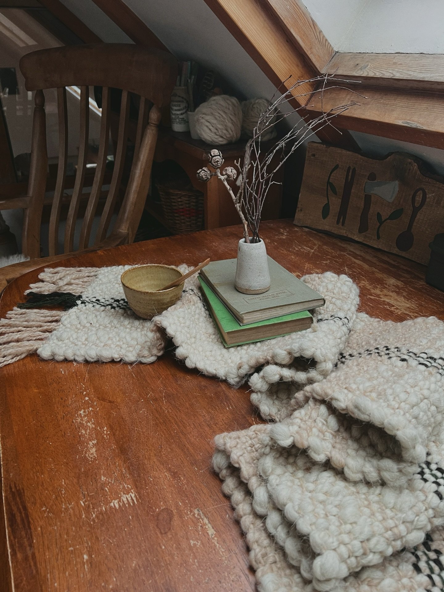 Hand spun, hand woven. This chunky piece is available on my online shop now. 
While making this one, I filmed the whole thing, from warping, to weaving, to finishing&hellip; you can find them on my YouTube channel from next week. There&rsquo;s carvin