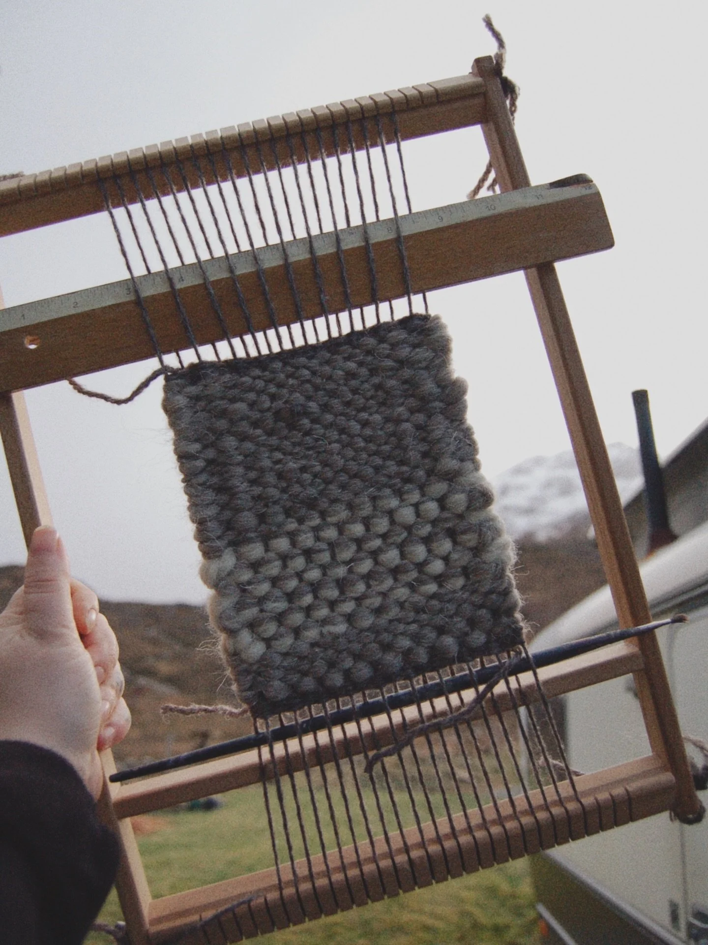 Mixing it up, with some chunky coasters woven on the frame loom with a ruler and a paintbrush as spacers. This was the first loom I ever bought, and still use it now for bookmarks and coasters. No brand, just picked up randomly from a craft shop year