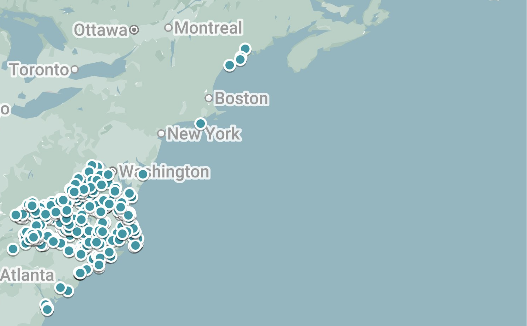 Map showing locations of water monitoring stations across US Atlantic states.