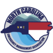 Logo of the North Carolina Emergency Management Association featuring a stylized map of North Carolina with a highway and an emergency vehicle.
